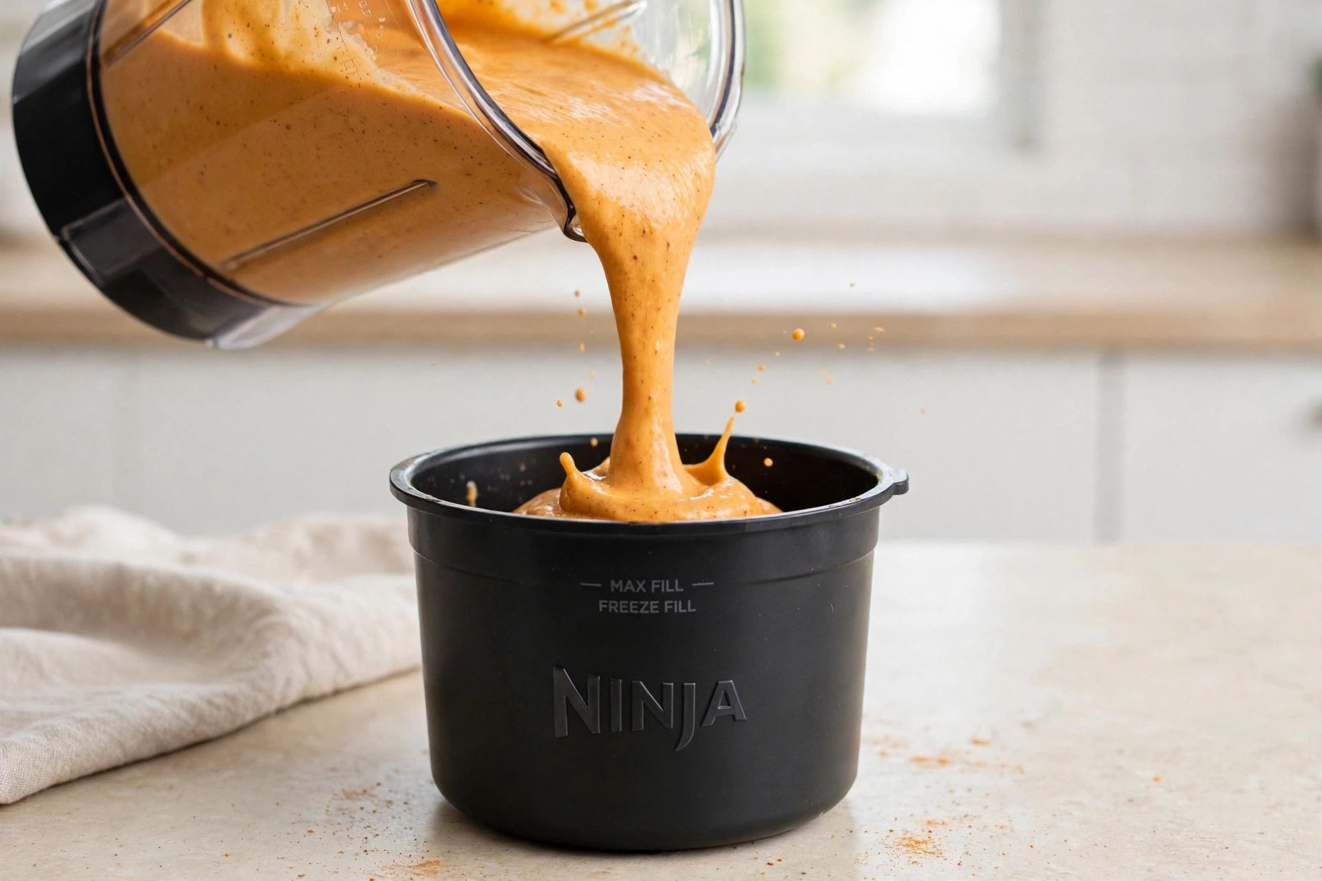 Pouring the smooth pumpkin cheesecake base from a blender jug into a Ninja Creami pint container
