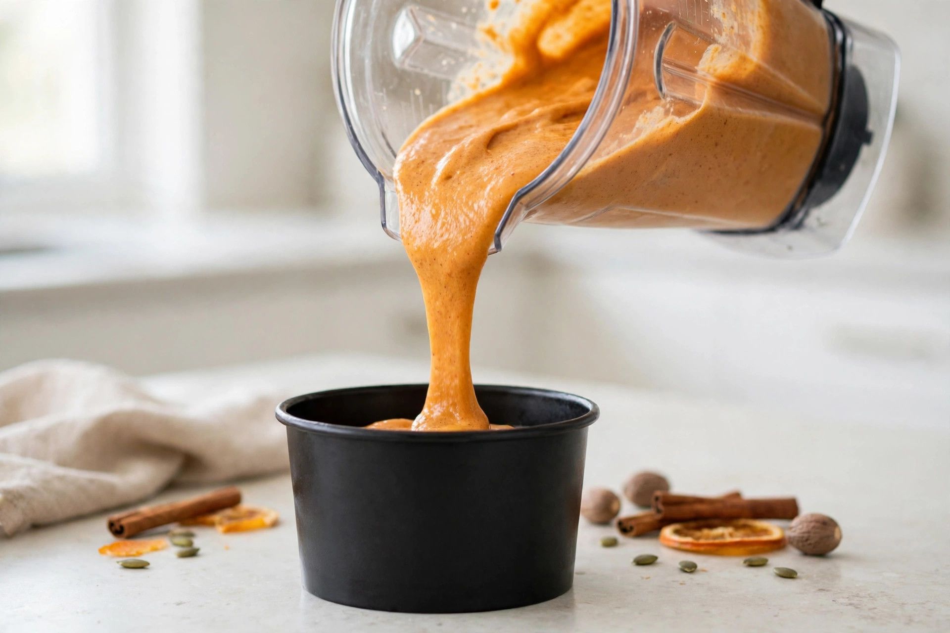 Pouring the smooth pumpkin pie base from a blender jug into a Ninja Creami pint container