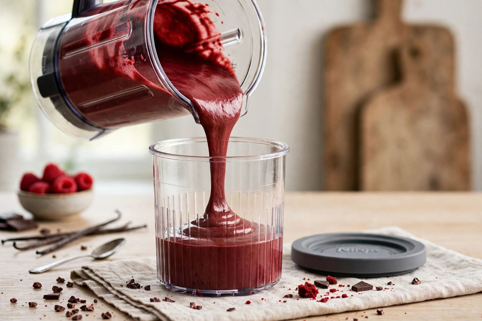 Pouring the smooth red velvet ice cream base from a blender jug into a Ninja Creami pint container
