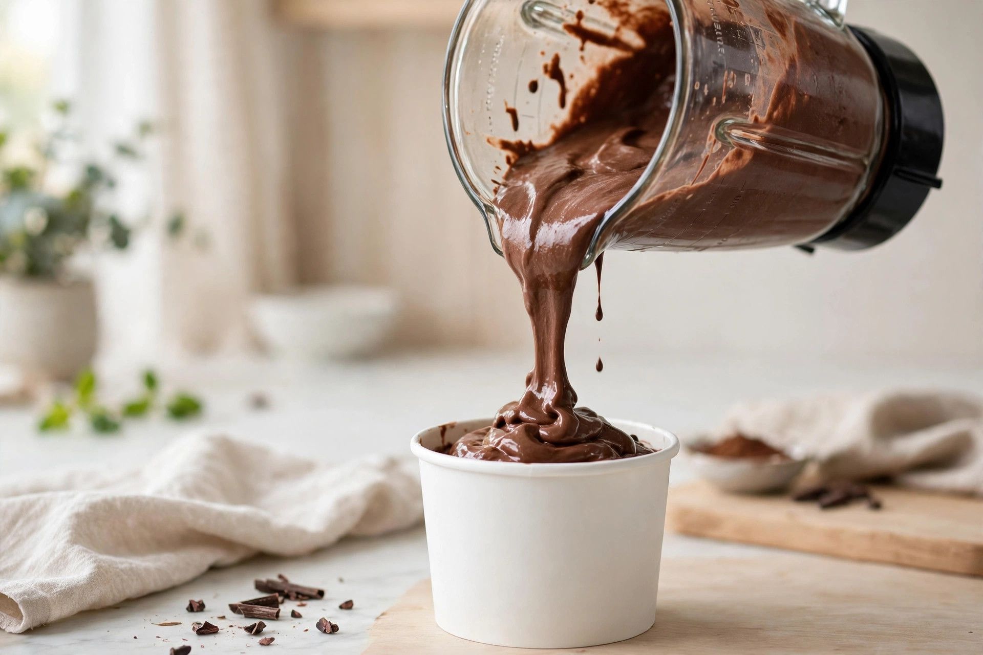 Pouring the rich chocolate ice cream base from a blender jug into a Ninja Creami pint container