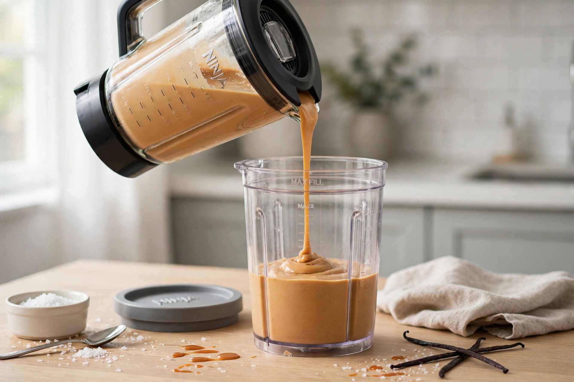 Pouring the smooth salted caramel ice cream base from a blender jug into a Ninja Creami pint container