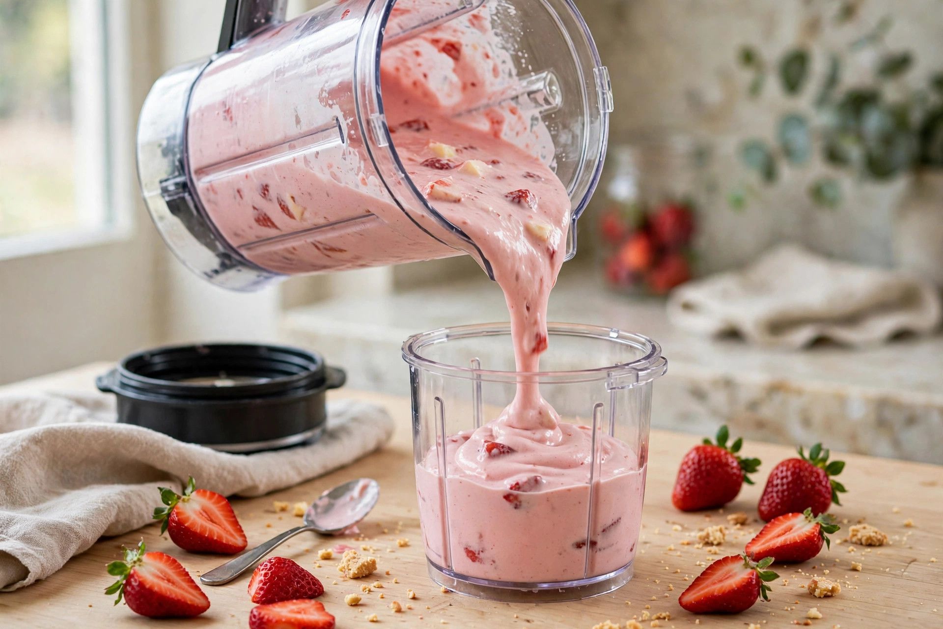 Pouring the pink strawberry cheesecake ice cream base from a blender jug into a Ninja Creami pint container
