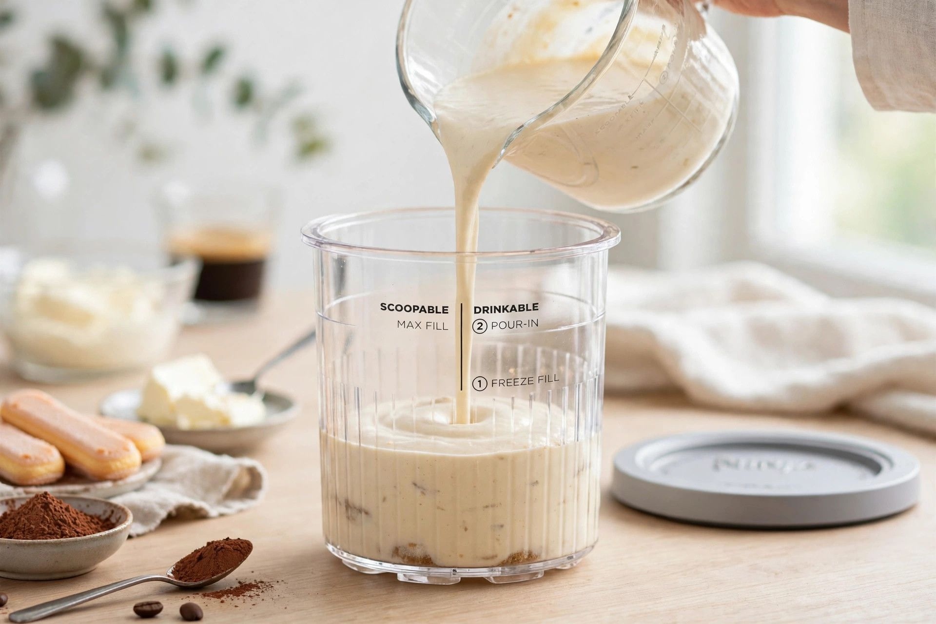 Pouring the tiramisu ice cream base into a Ninja Creami pint container