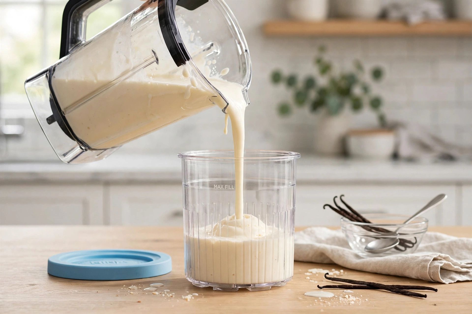 Pouring the smooth vanilla bean ice cream base from a blender jug into a Ninja Creami pint container