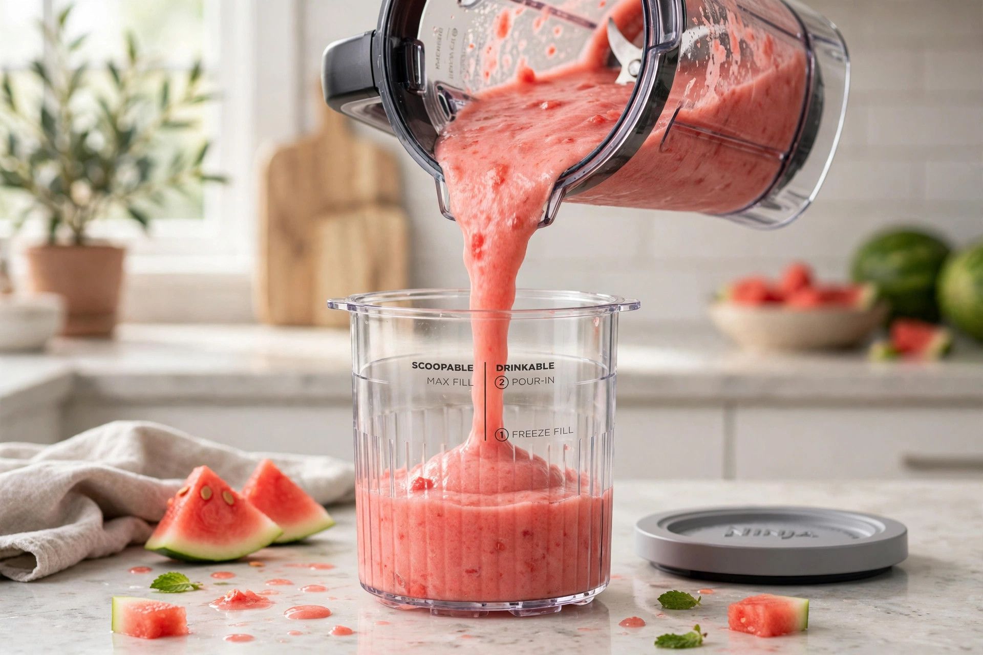 Pouring the pink watermelon sorbet base from a blender jug into a Ninja Creami pint container