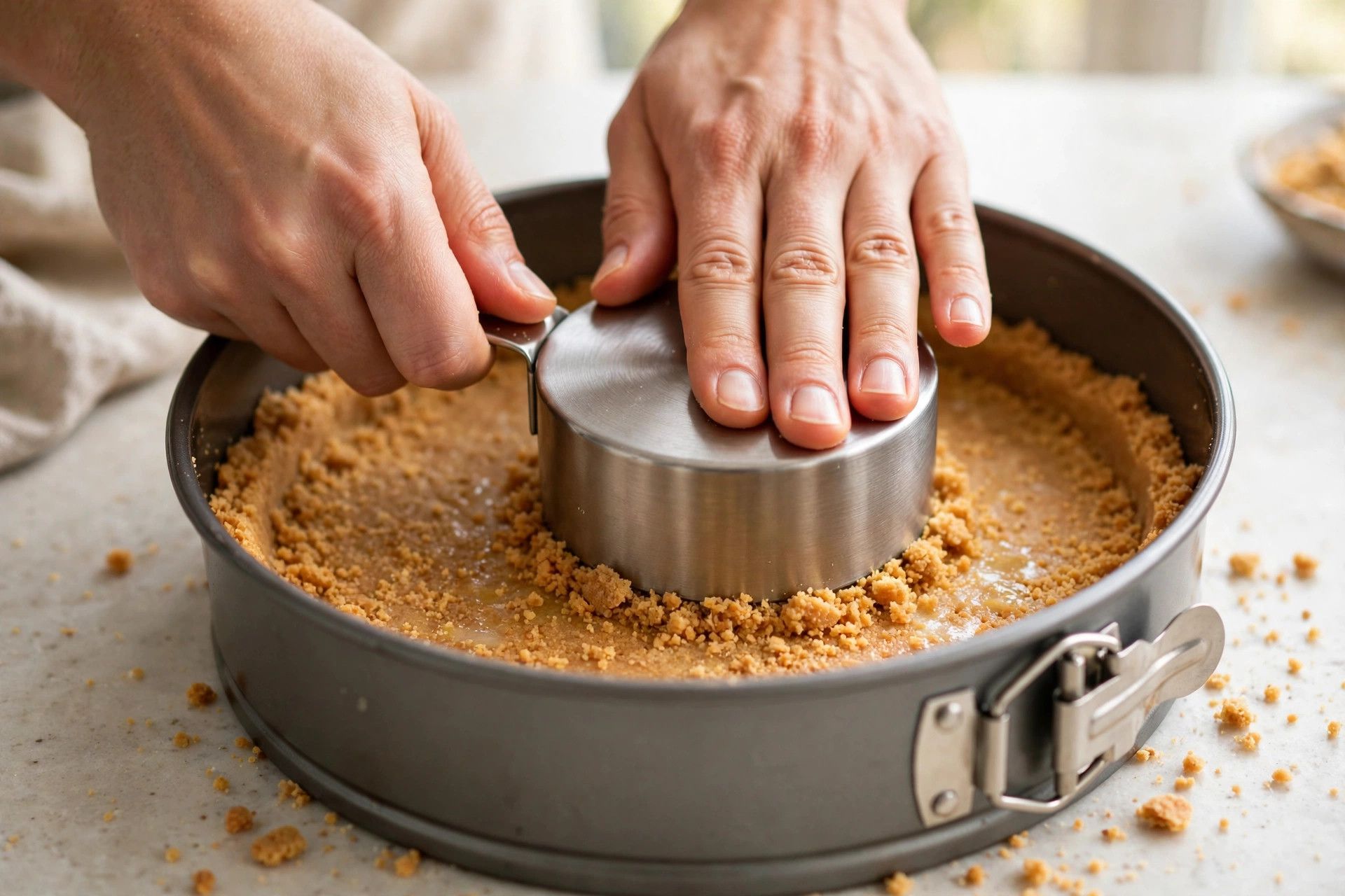 Pressing the buttery graham cracker crust into an 8 inch springform pan with a measuring cup