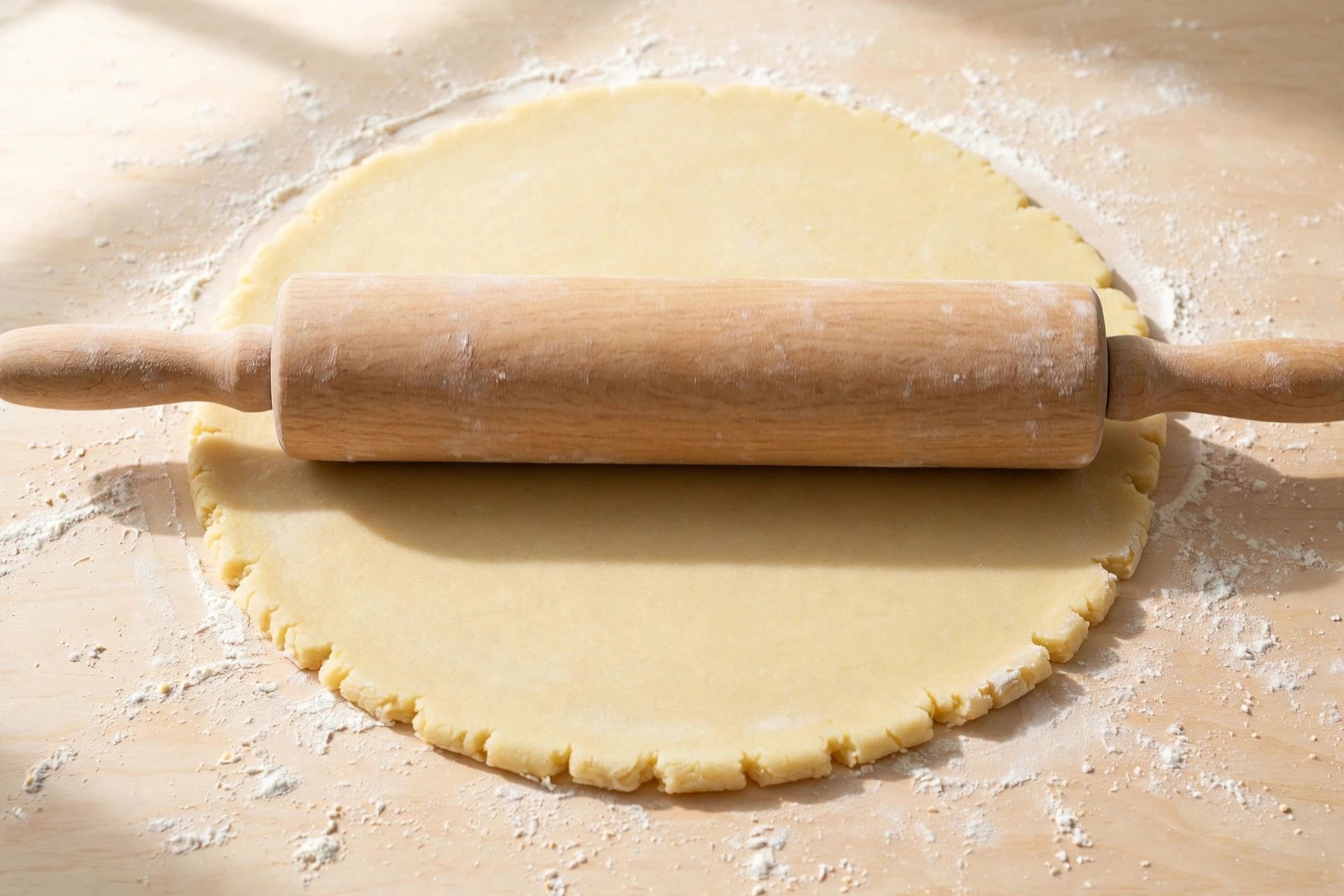 Rolling christmas sugar cookie dough to an even thickness with a wooden rolling pin