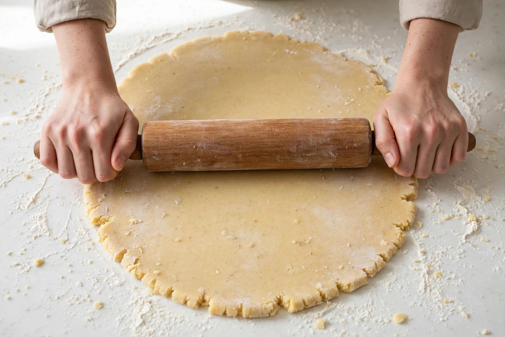Hands rolling out chilled sugar cookie dough with a wooden rolling pin on a floured counter