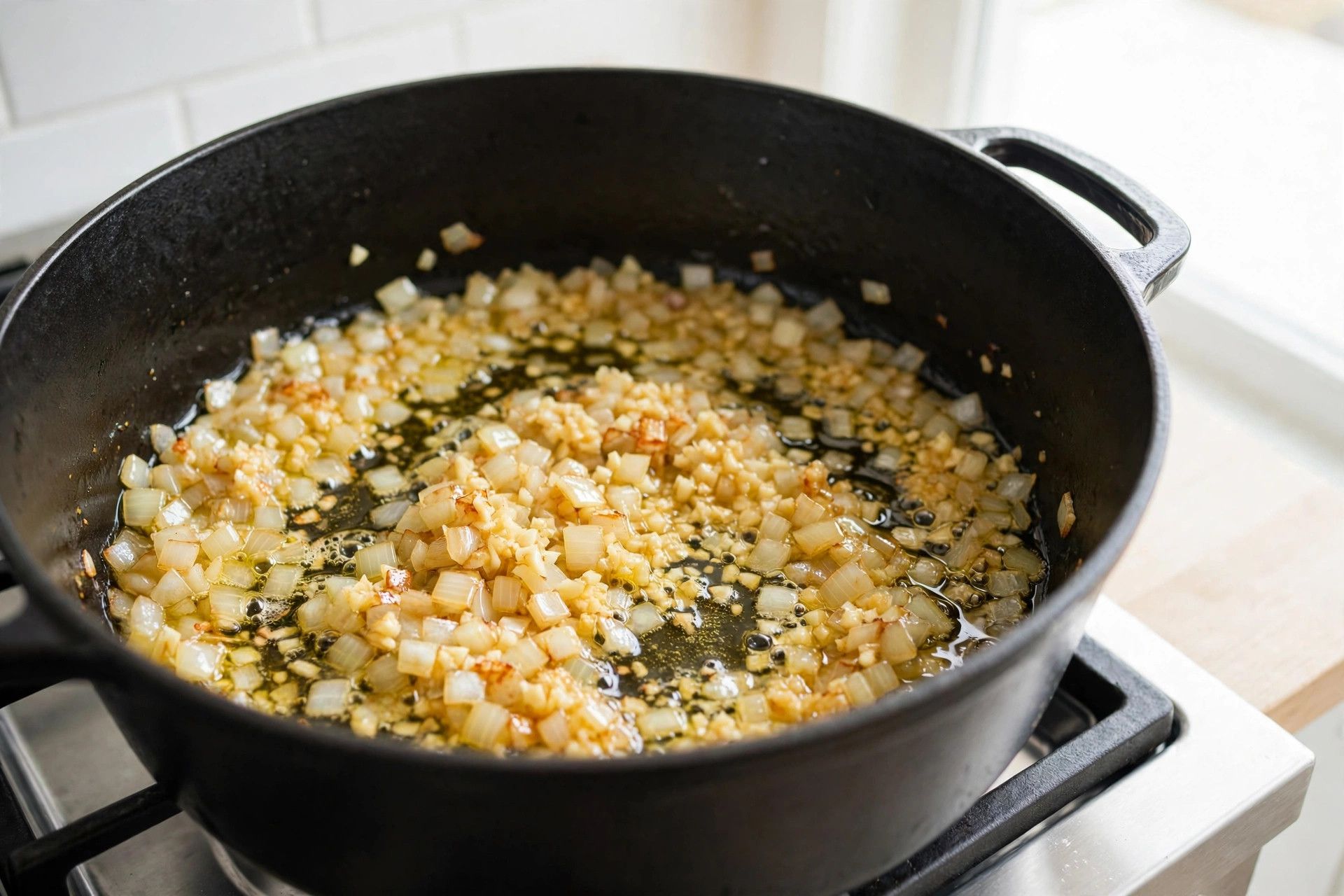 Diced onion and minced garlic softening in olive oil in a large pot, turning golden