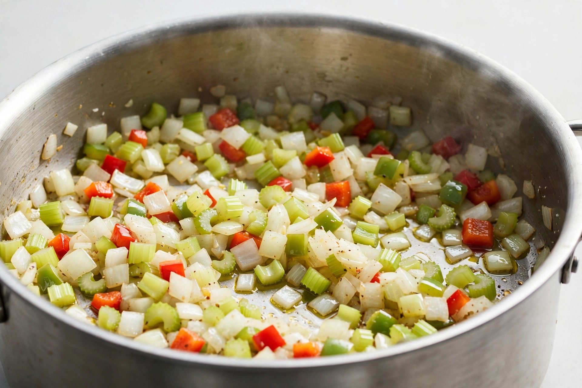 Diced onion, celery and bell pepper sauteing in a large pot