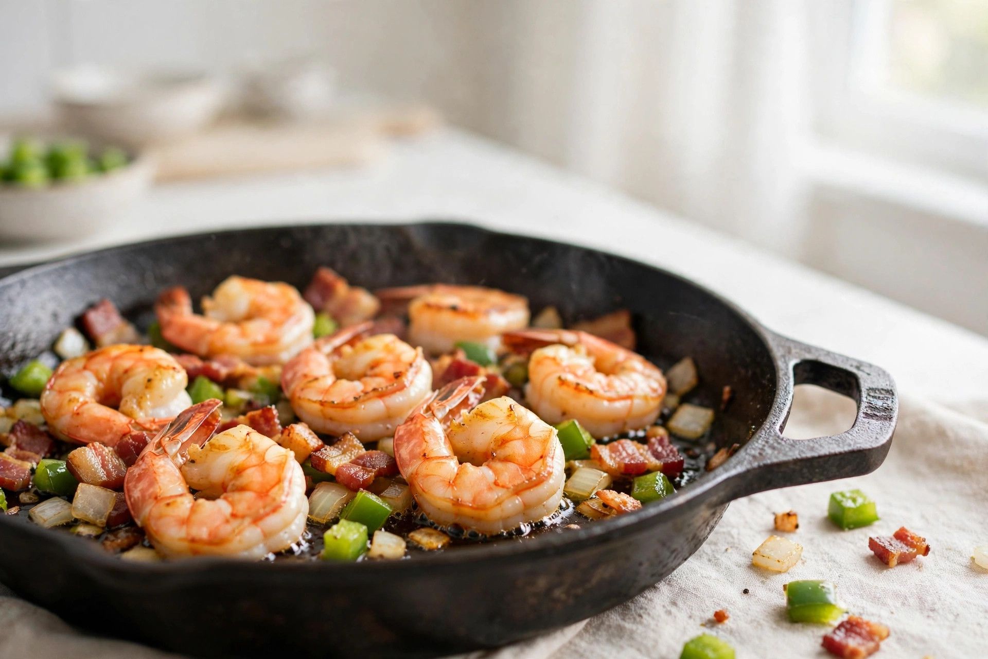 Shrimp searing in a skillet with crispy bacon, diced bell pepper and onion