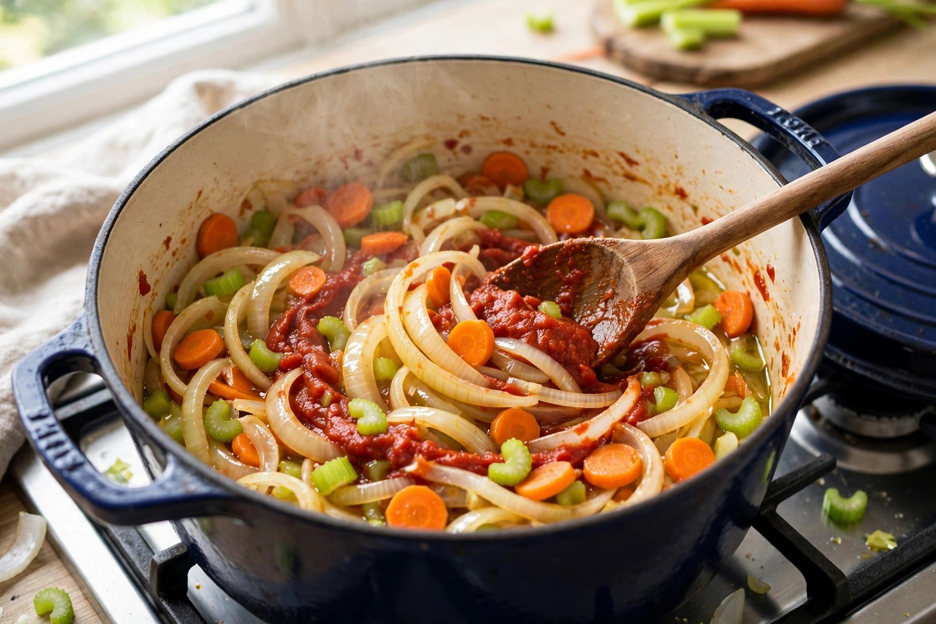 Sliced onions, carrots and celery softening in a Dutch oven with tomato paste being stirred in