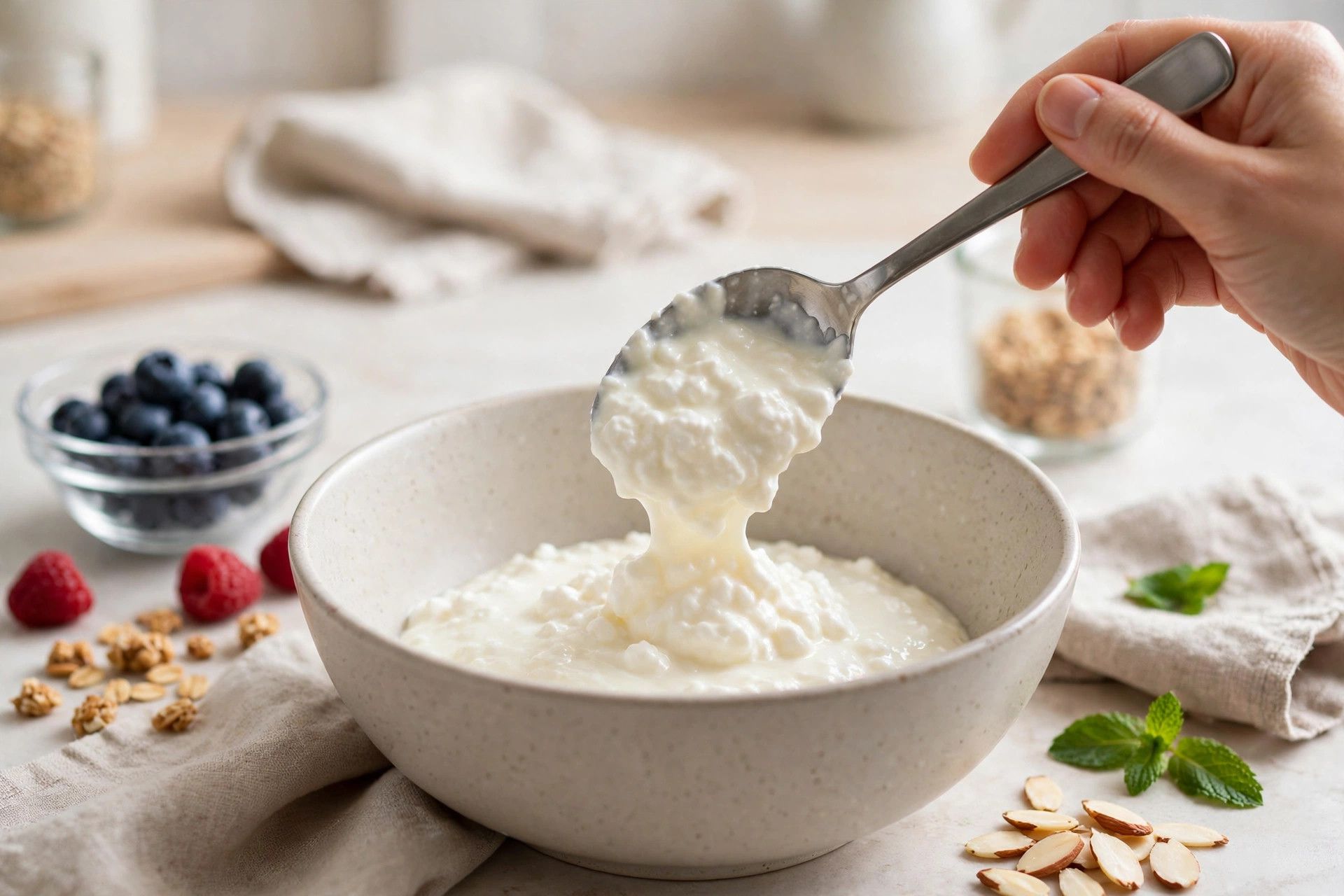 Folding Greek yogurt and whipped cottage cheese together in a bowl with honey and vanilla