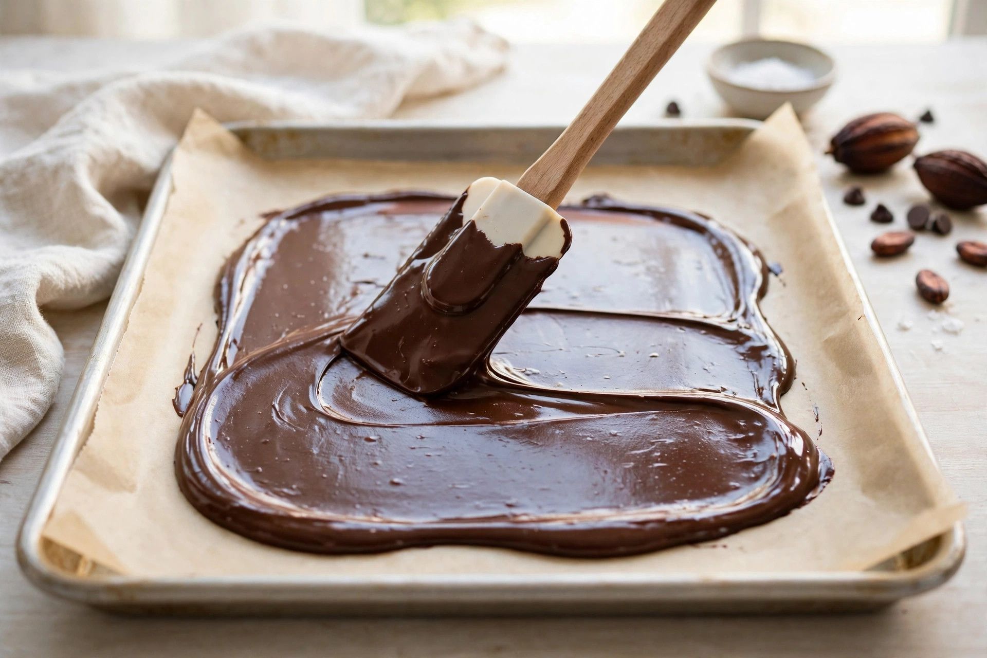 Spreading a smooth layer of melted dark chocolate across a parchment lined sheet pan with a spatula