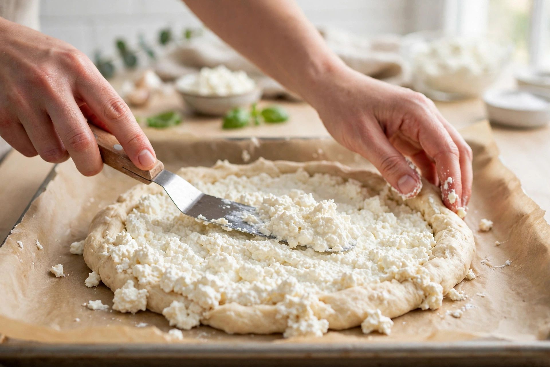 Spreading thick cottage cheese pizza dough into a round crust shape on a parchment lined baking sheet