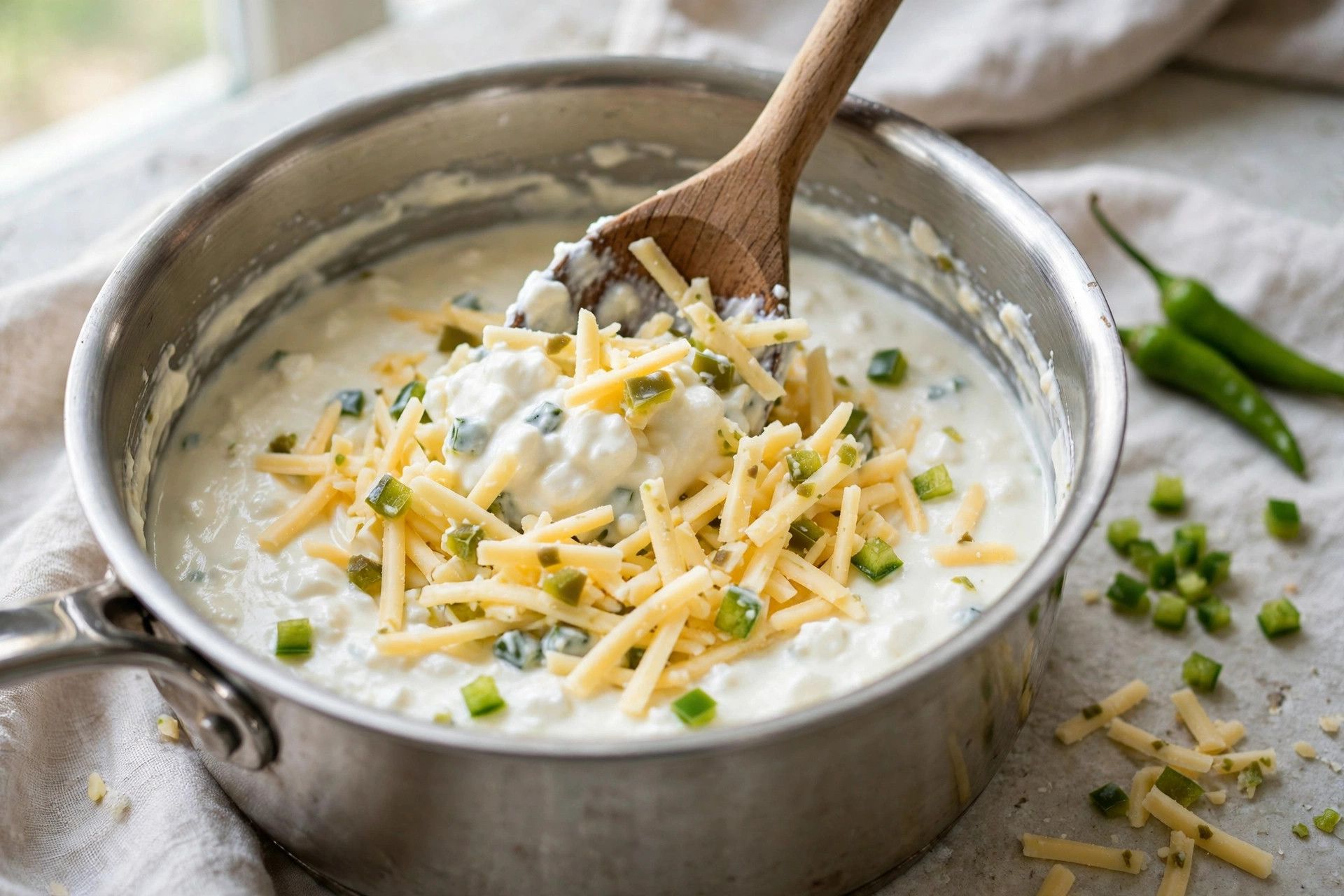 Stirring shredded pepper jack and diced green chillies into the smooth cottage cheese base in a saucepan