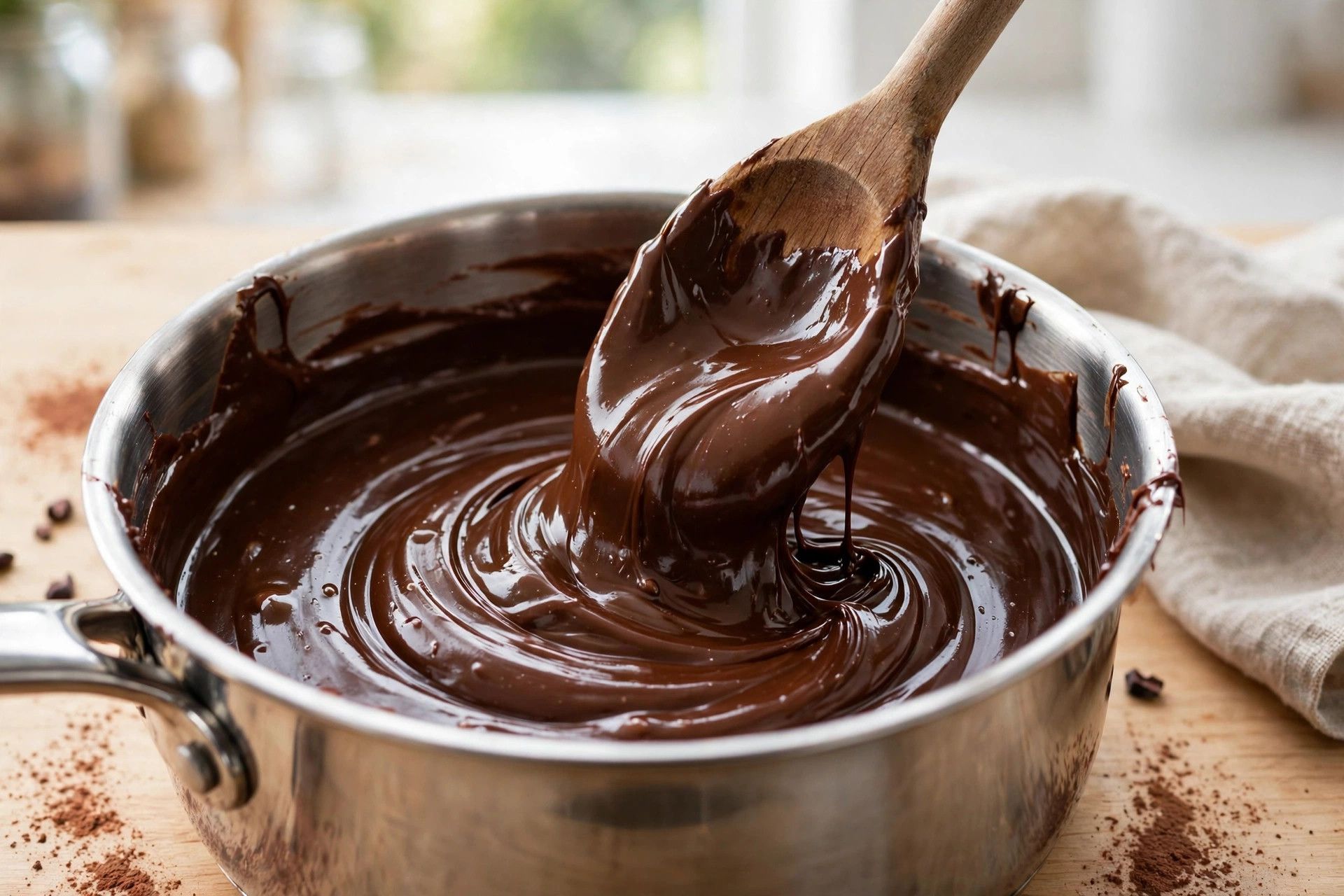 Stirring smooth glossy chocolate fudge in a saucepan with a wooden spoon