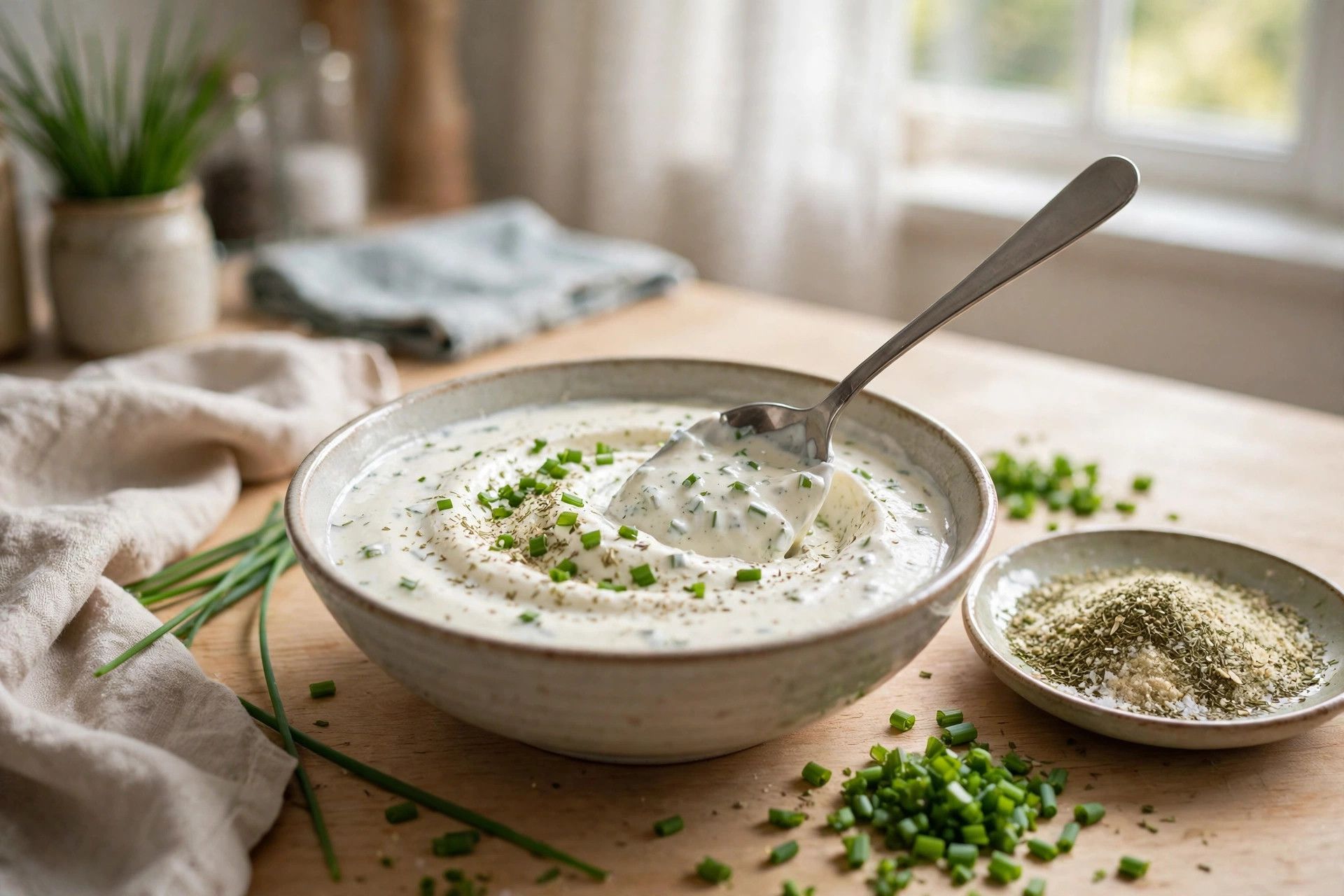 Stirring ranch seasoning, lemon juice and chopped chives into the smooth cottage cheese dip in a bowl