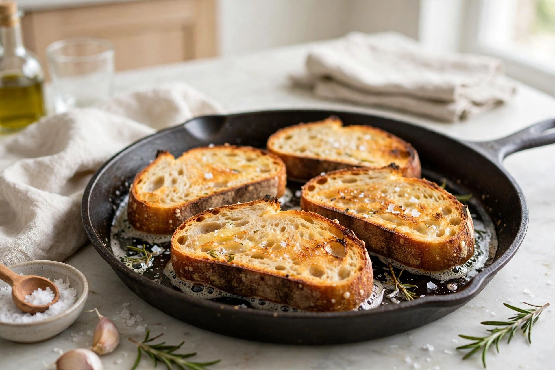 Toasting thick sourdough slices until crisp and golden in a grill pan