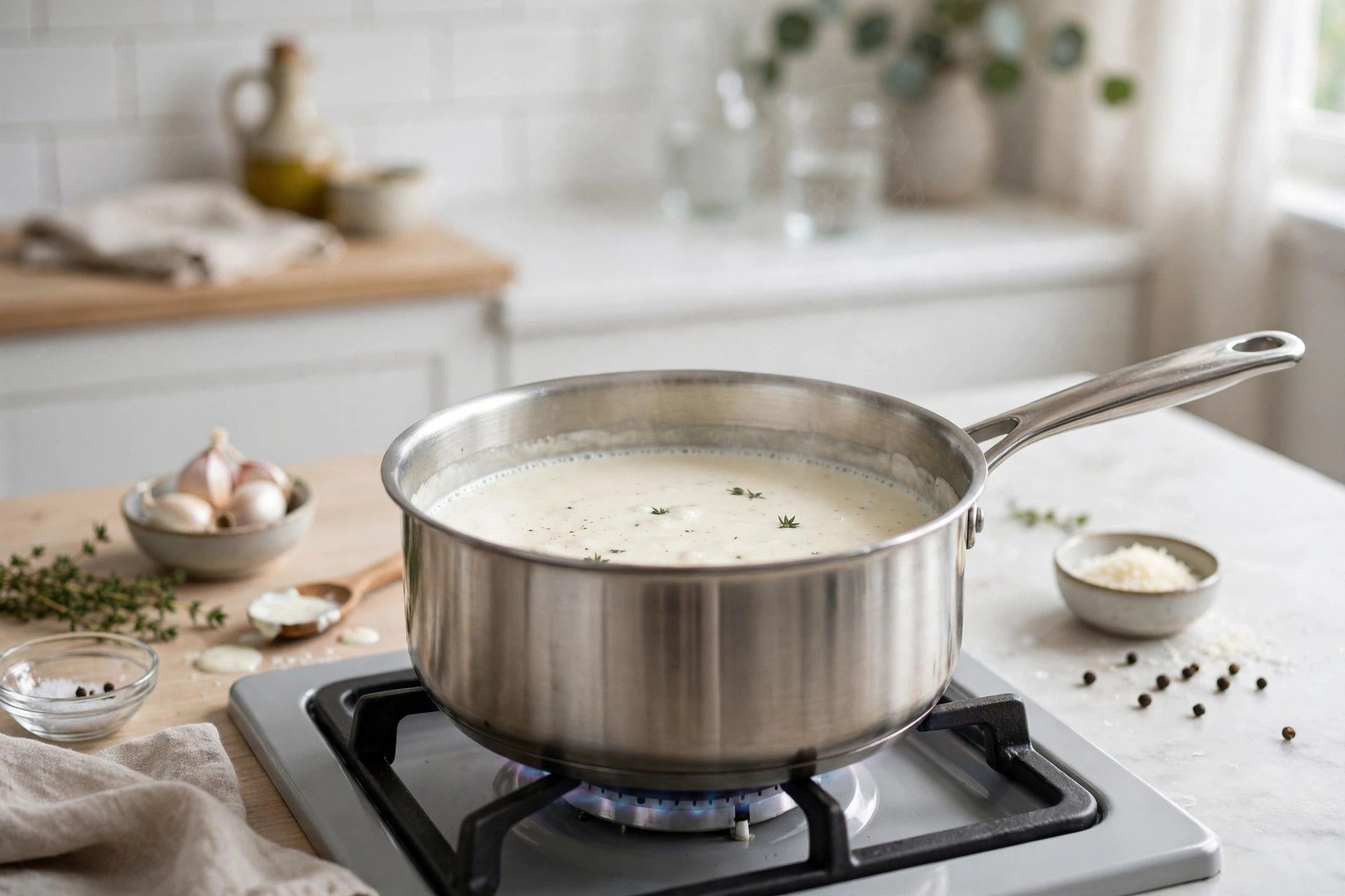Warming the white alfredo sauce gently in a saucepan on low heat, stirring with a wooden spoon