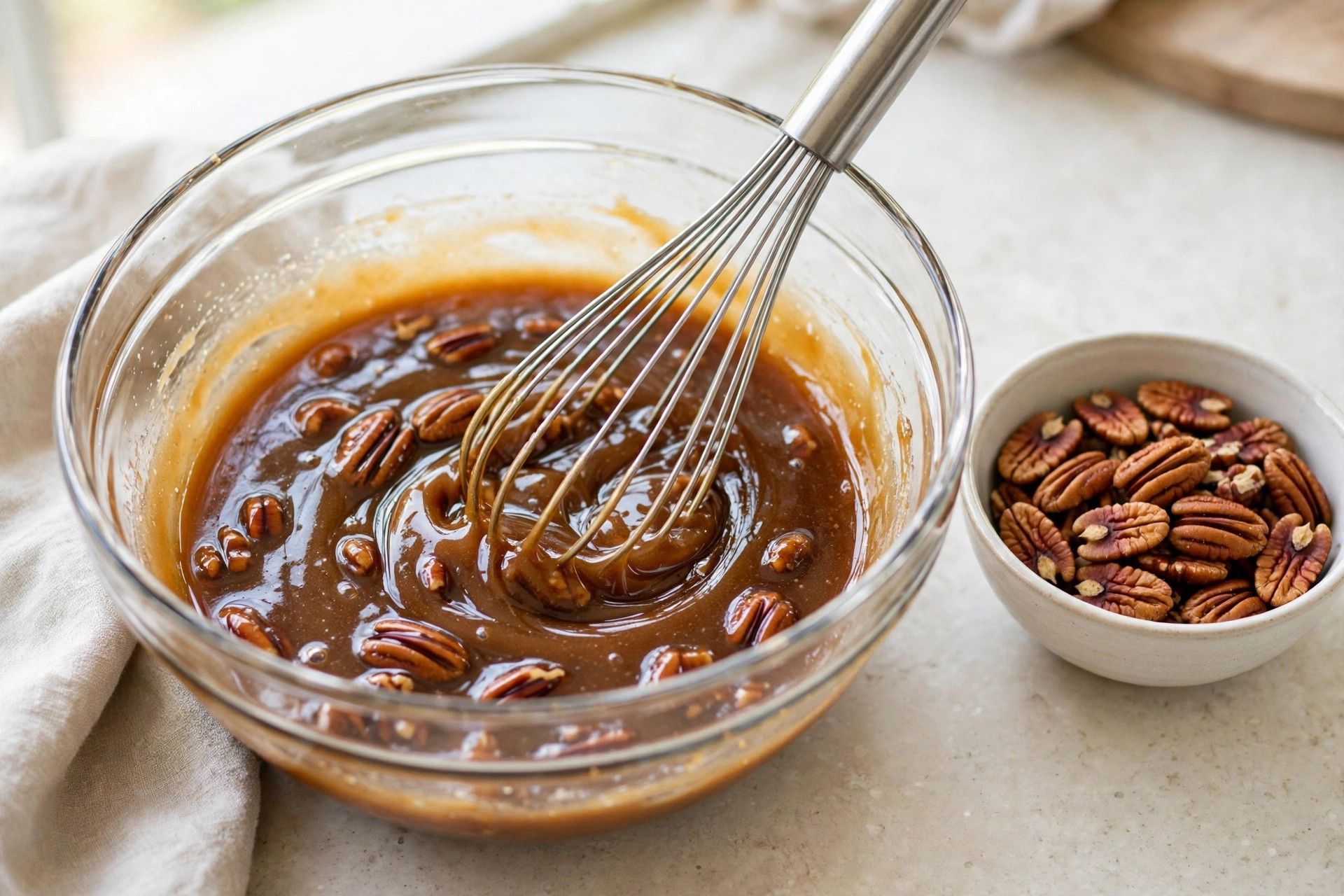 Whisking the brown sugar and corn syrup pecan pie filling in a large glass bowl