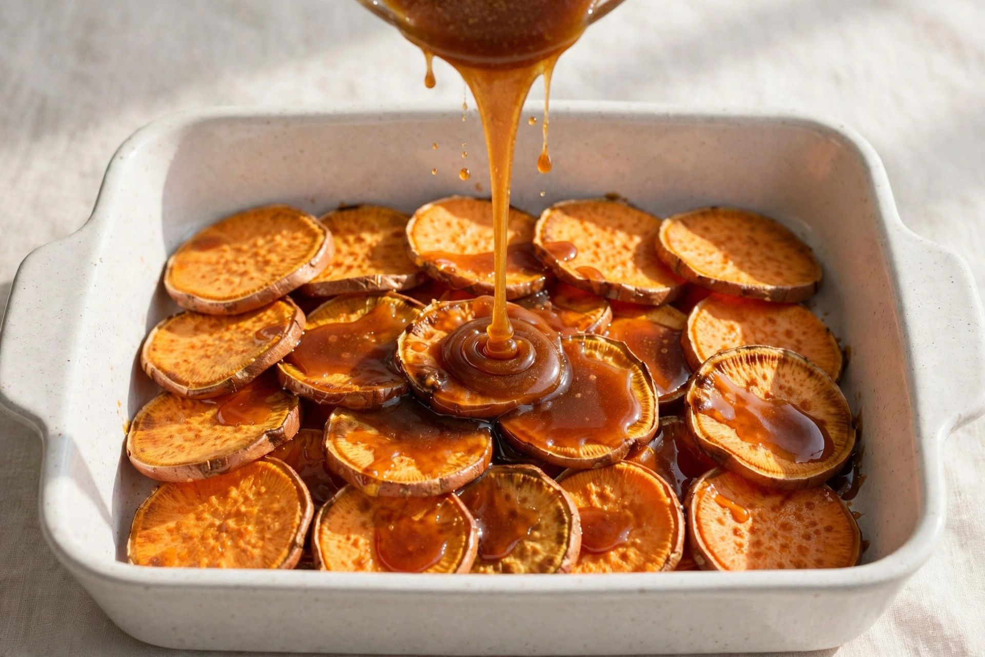Sweet potato slices arranged overlapping in a white baking dish with brown sugar glaze poured over
