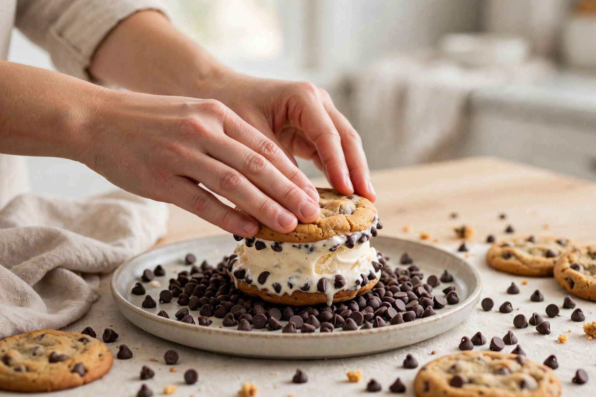 Rolling the edges of assembled protein ice cream sandwiches in mini chocolate chips
