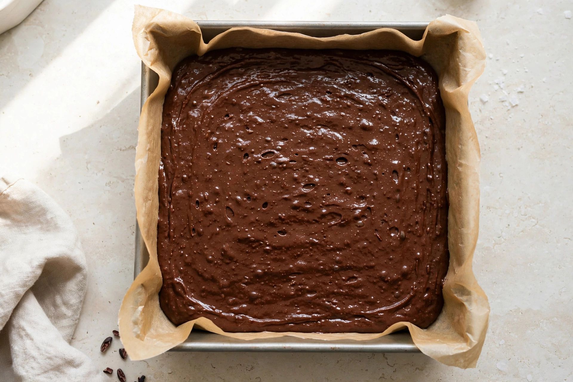 Brownie batter spread evenly in a parchment lined 8x8 pan, about to go into the oven