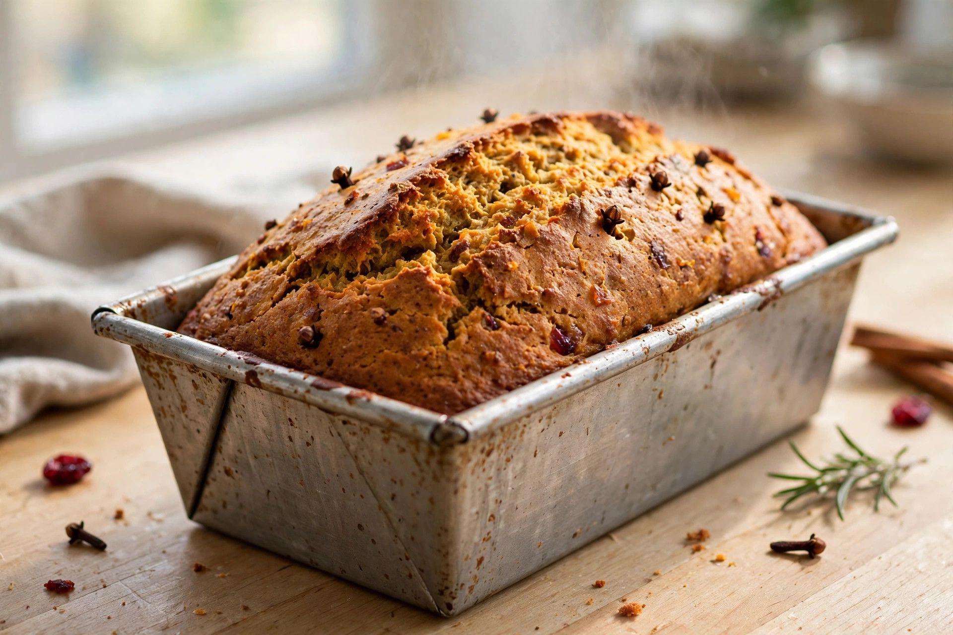 The spiced holiday breakfast bread risen and deep golden in the loaf pan, fresh from the oven