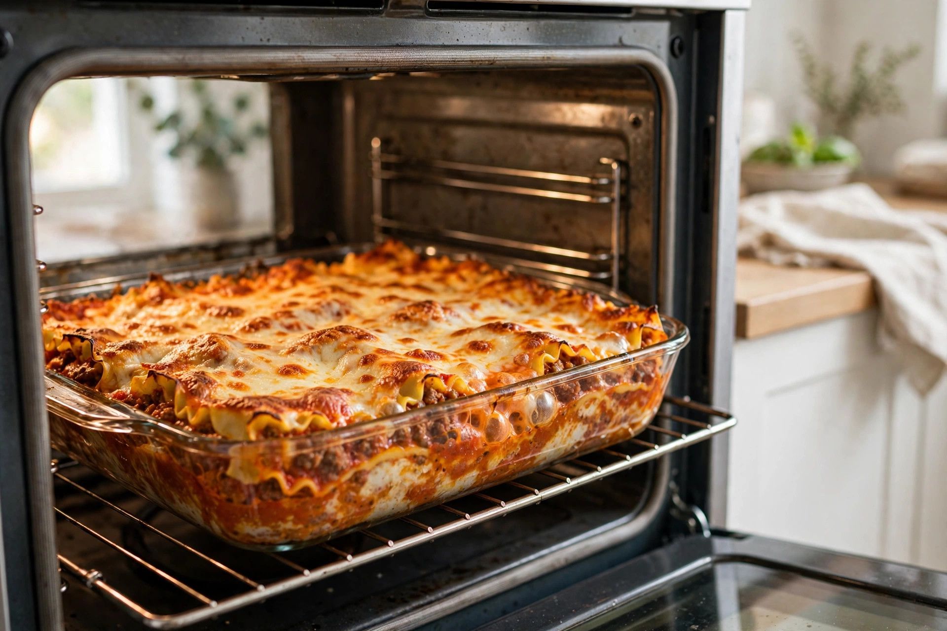 Baking the cottage cheese lasagna in the oven until the cheese is bubbly and golden