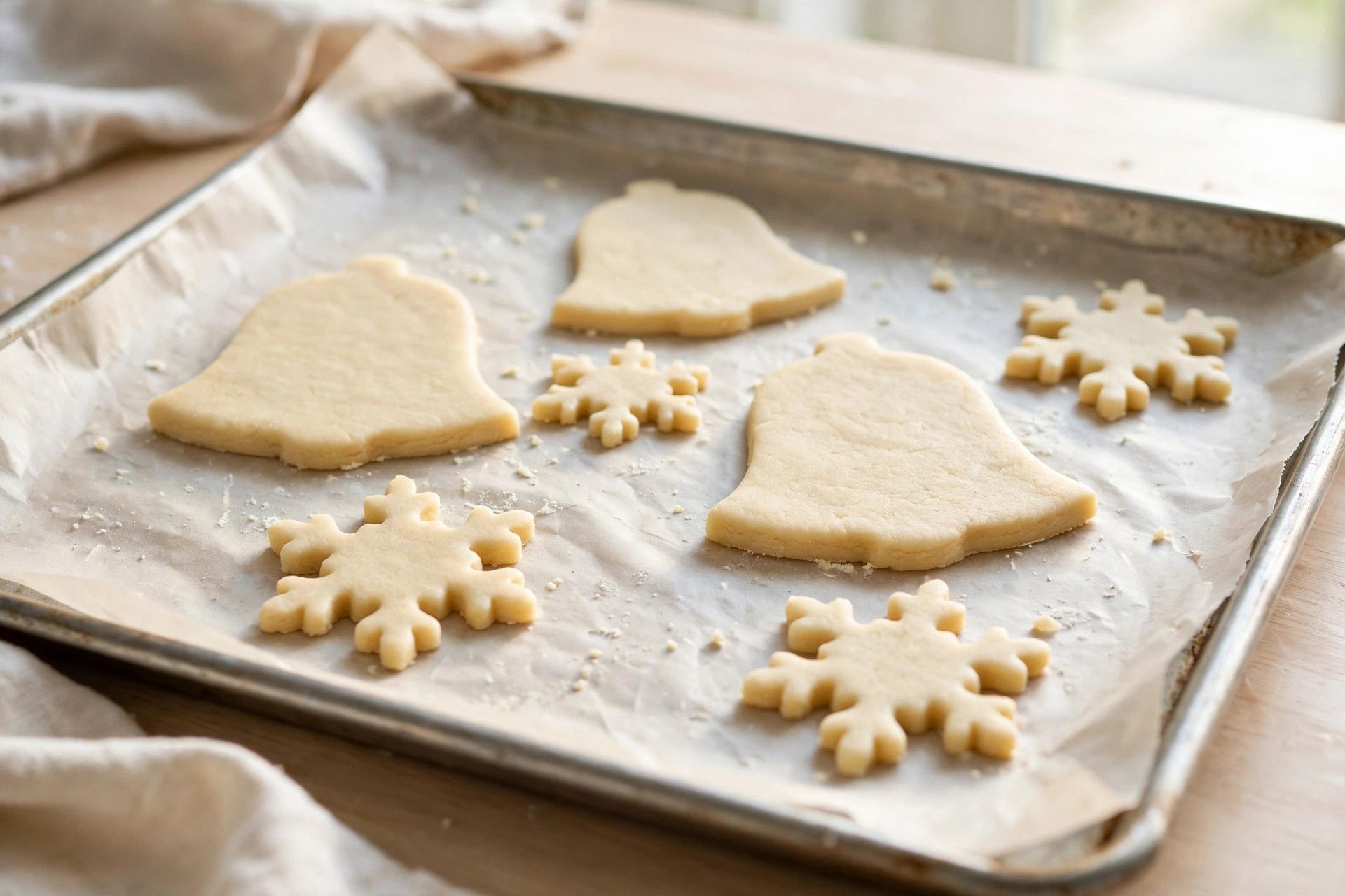 Pale baked christmas sugar cookies on a baking sheet, just set and ready to cool