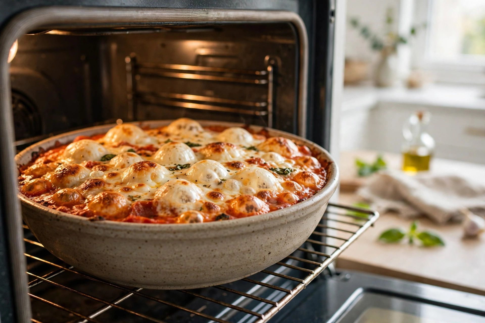 Baking the cottage cheese pizza bowl in the oven until the mozzarella is bubbly and golden