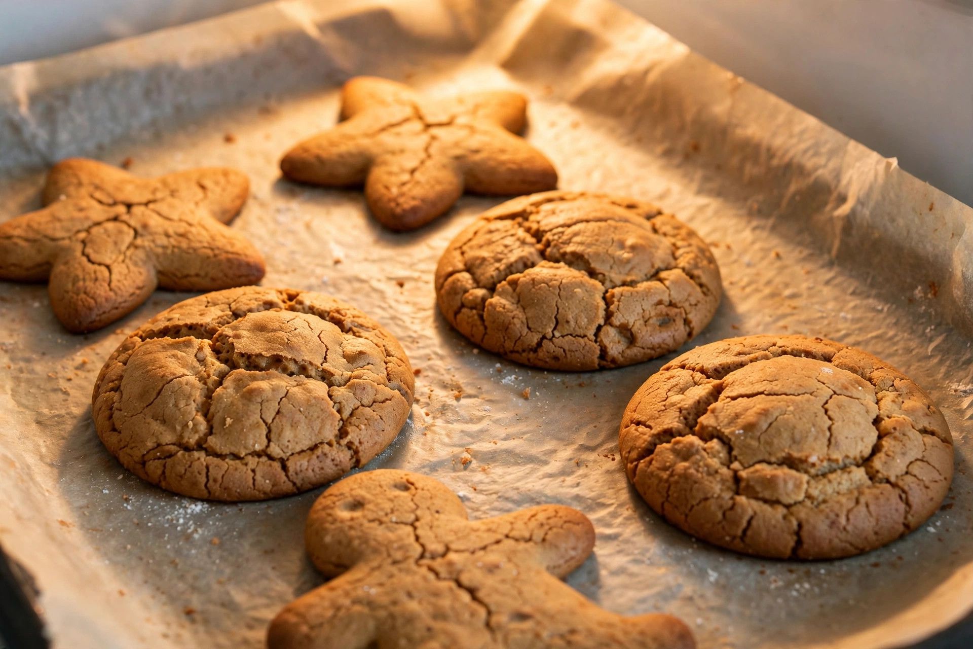 Gingerbread cookies baking on a parchment lined sheet pan, puffed with crackled tops