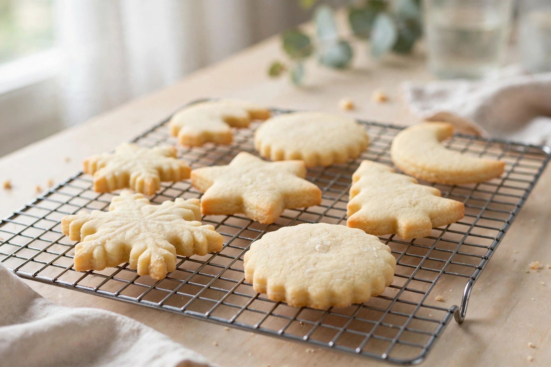 Baked xmas cookies cooling on a wire rack, pale with set edges ready for decorating