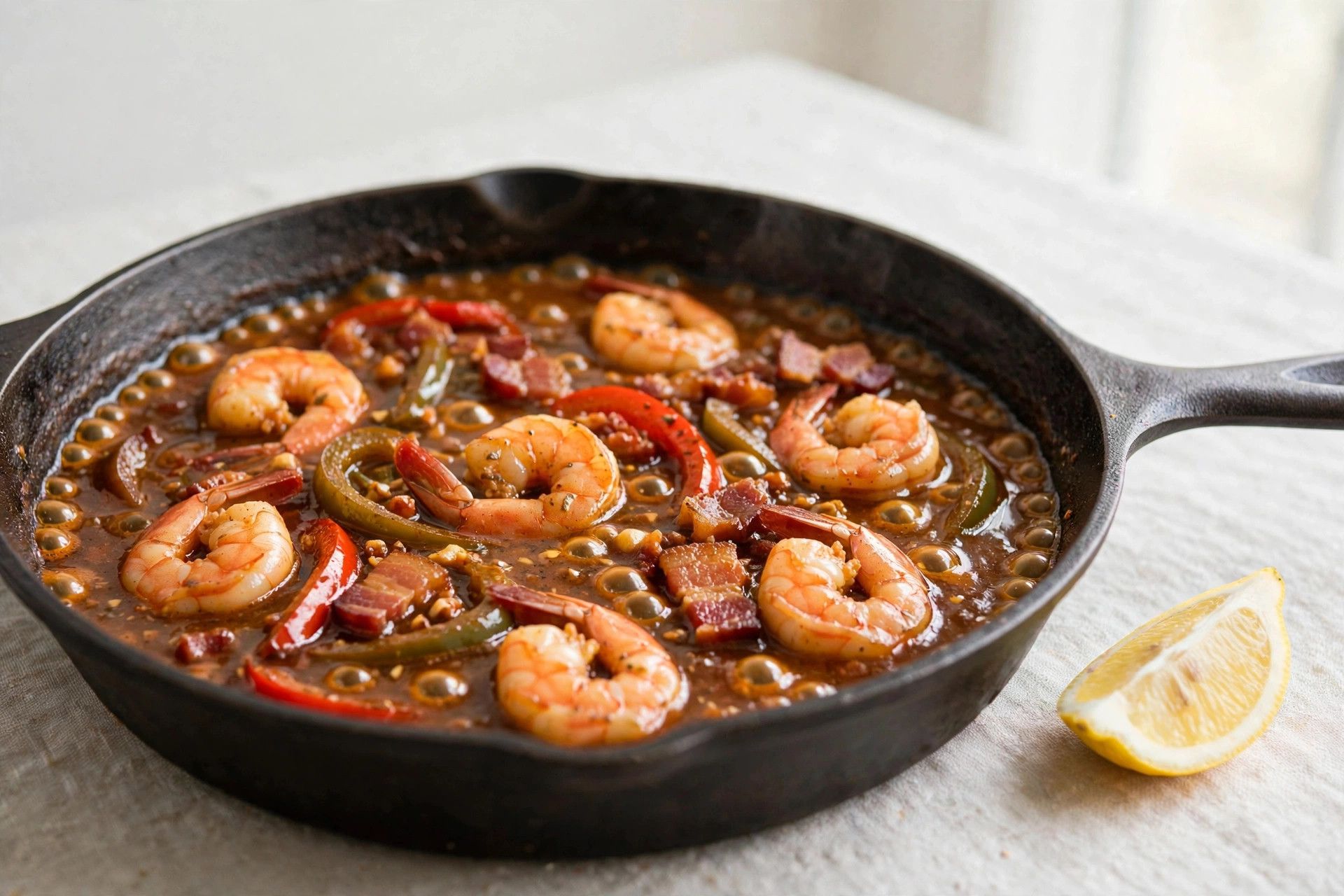 A glossy Cajun pan sauce with shrimp, peppers and bacon simmering in a skillet