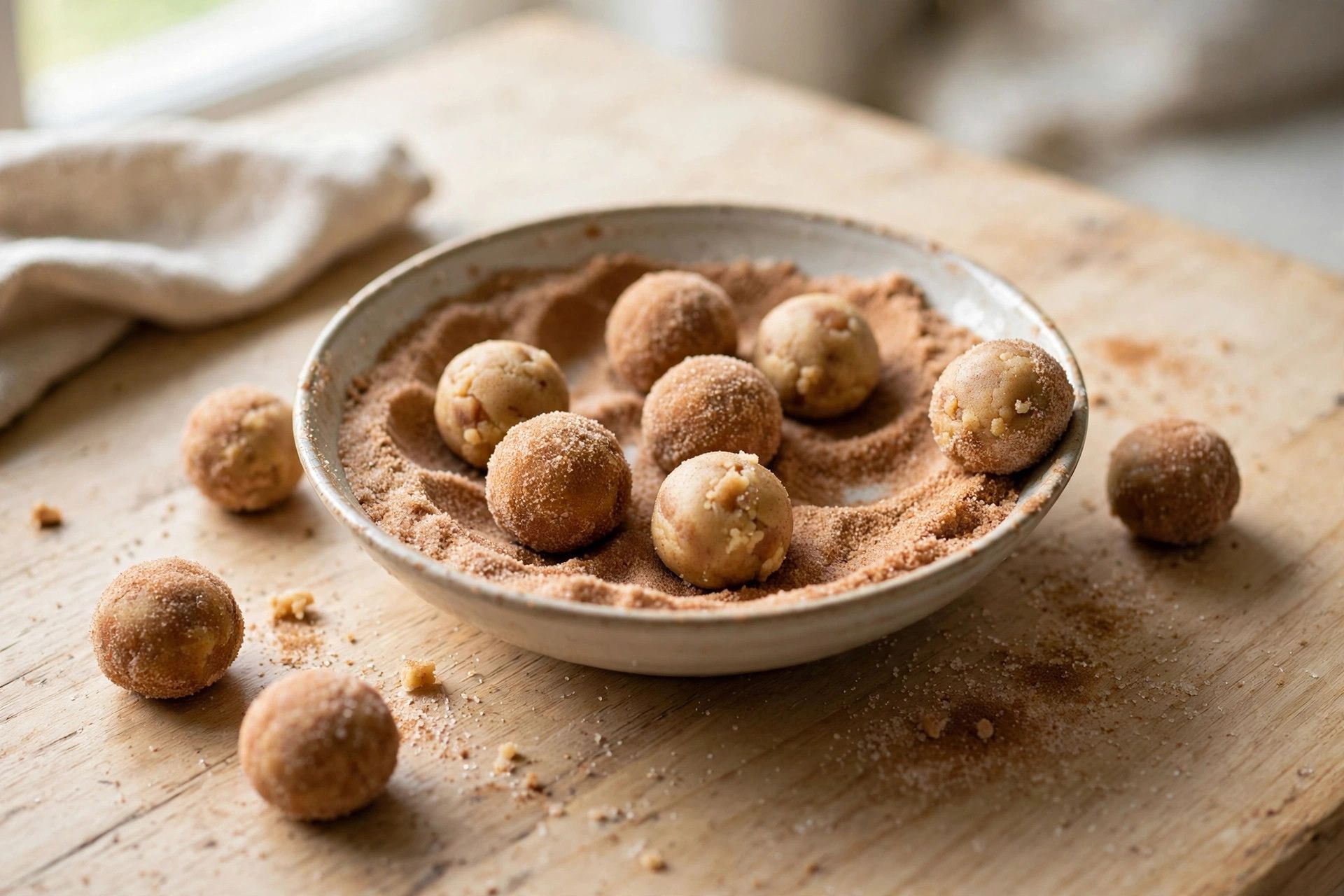 Rolling snickerdoodle dough balls in a bowl of cinnamon sugar until fully coated