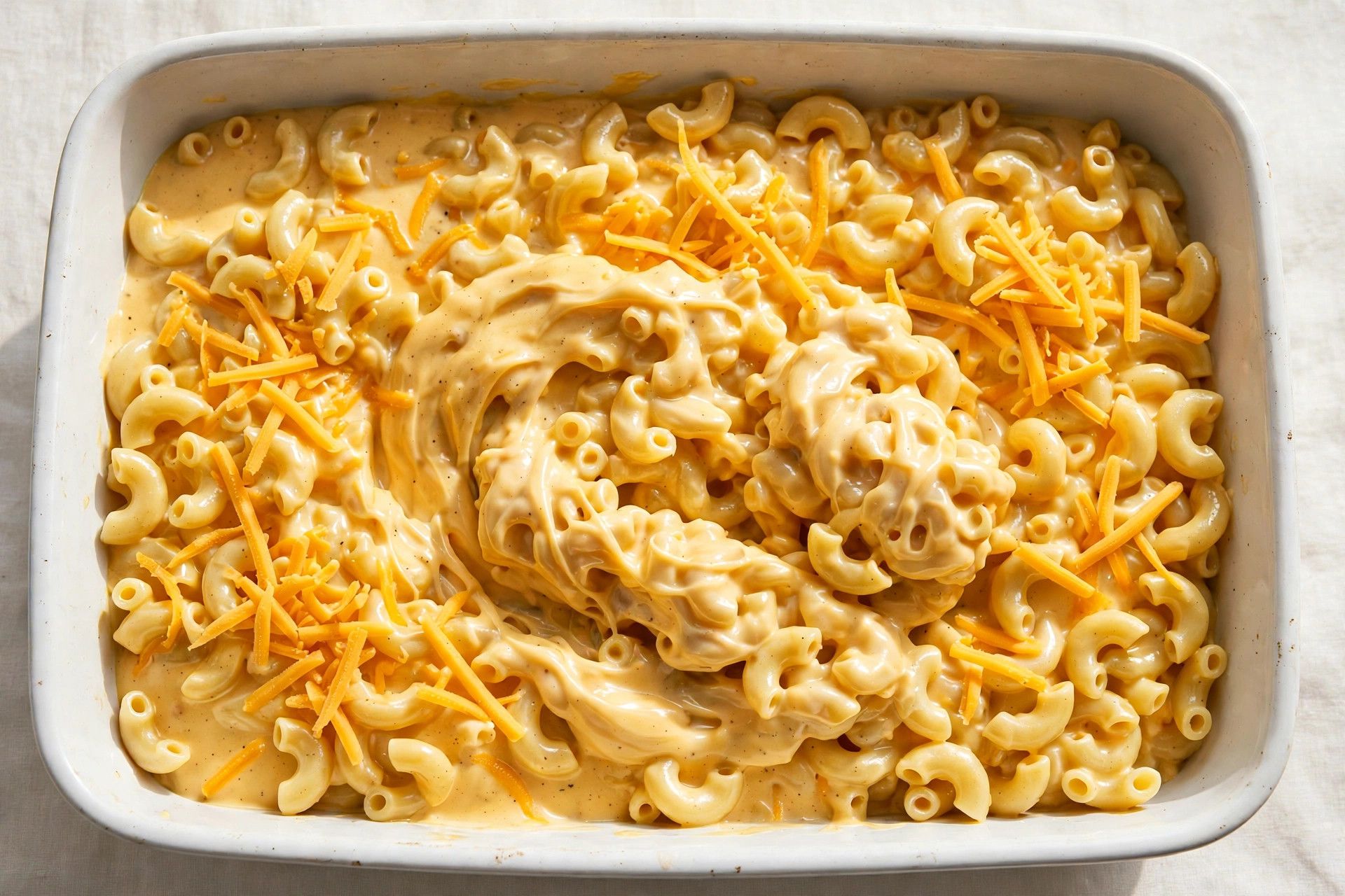 Cooked macaroni being folded with creamy cheese sauce in a large baking dish, topped with shredded cheddar