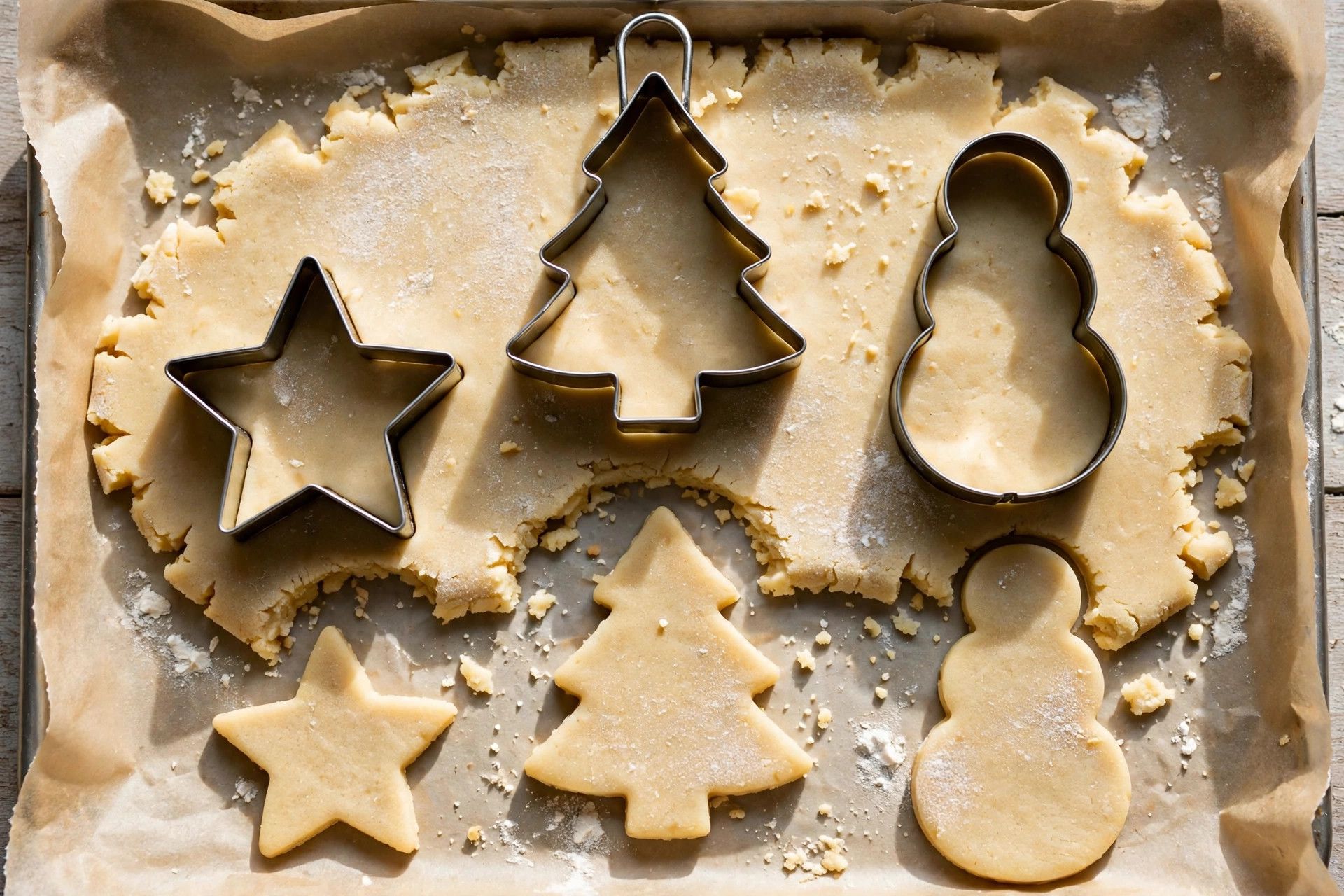 Christmas cookie cutters pressed into rolled sugar cookie dough, cut shapes on a parchment lined sheet