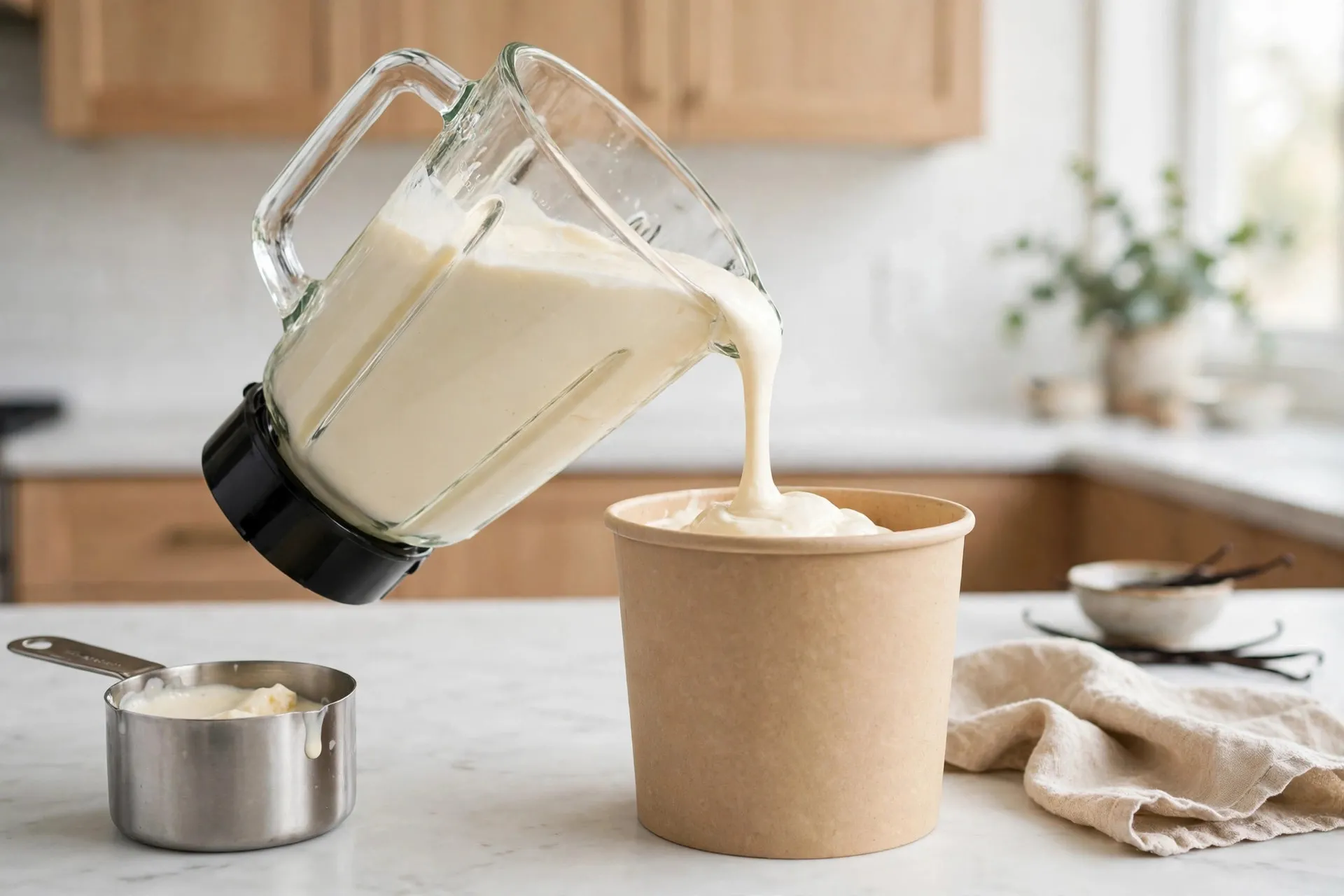 A blender full of smooth ice cream base next to a measuring cup and a large pint on a kitchen counter