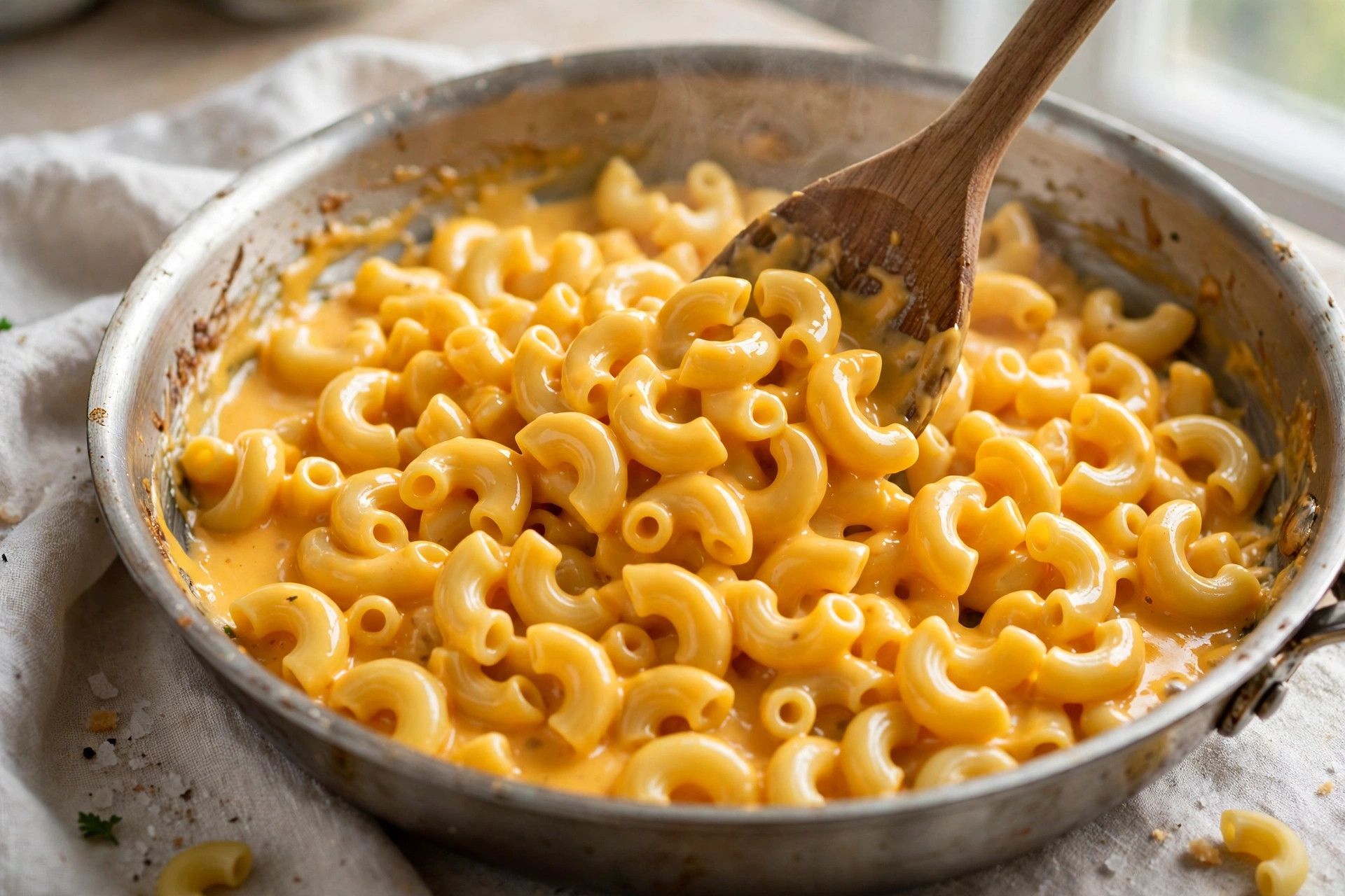 Folding hot elbow macaroni through the glossy cottage cheese cheddar sauce in the pan until every piece is coated