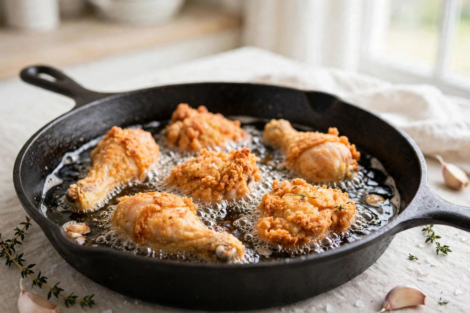 Crispy golden chicken pieces frying in bubbling oil in a cast iron skillet
