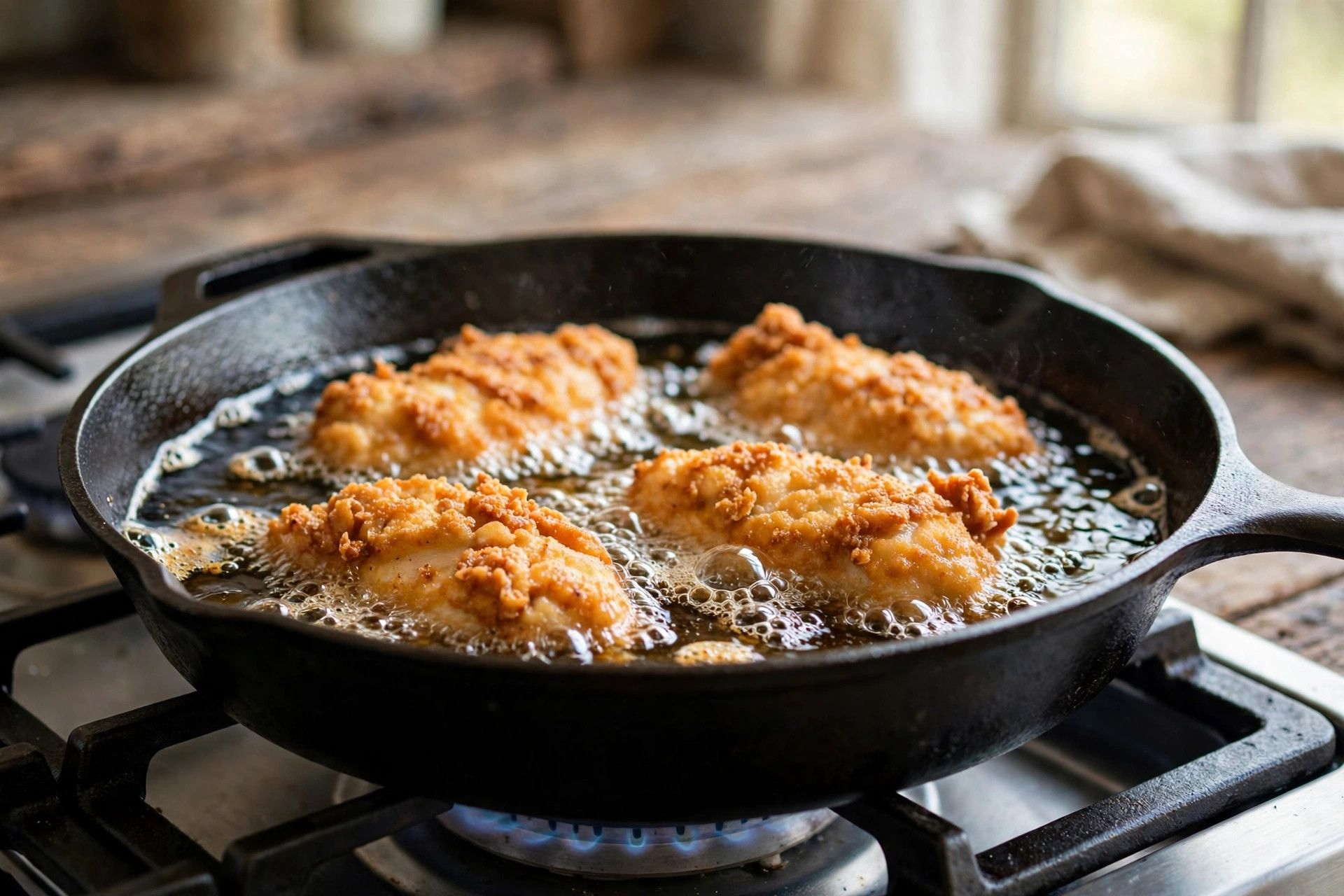 Golden chicken pieces frying in bubbling oil in a cast iron skillet on the stove