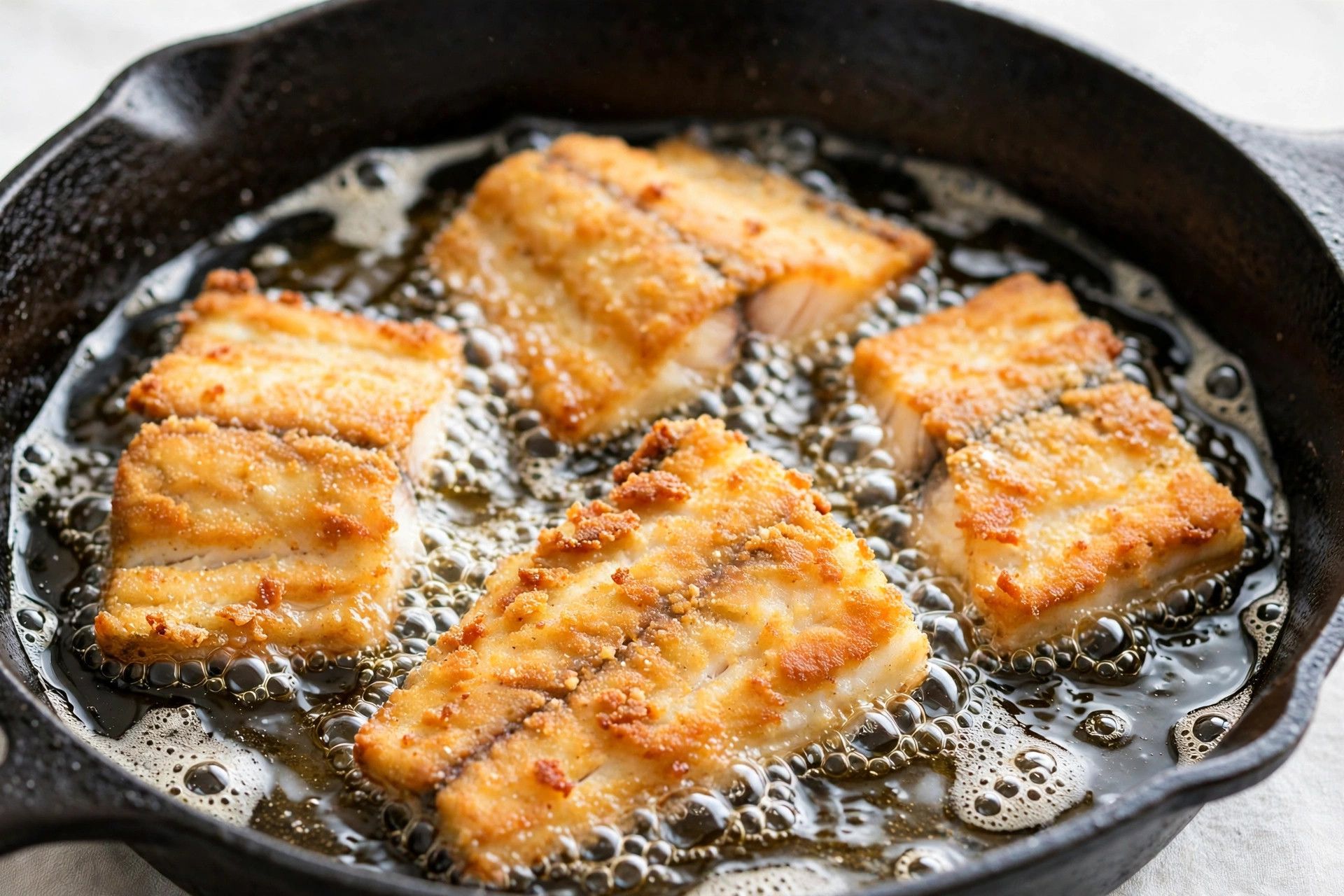 Catfish fillets frying to a deep golden brown in bubbling oil in a cast iron skillet