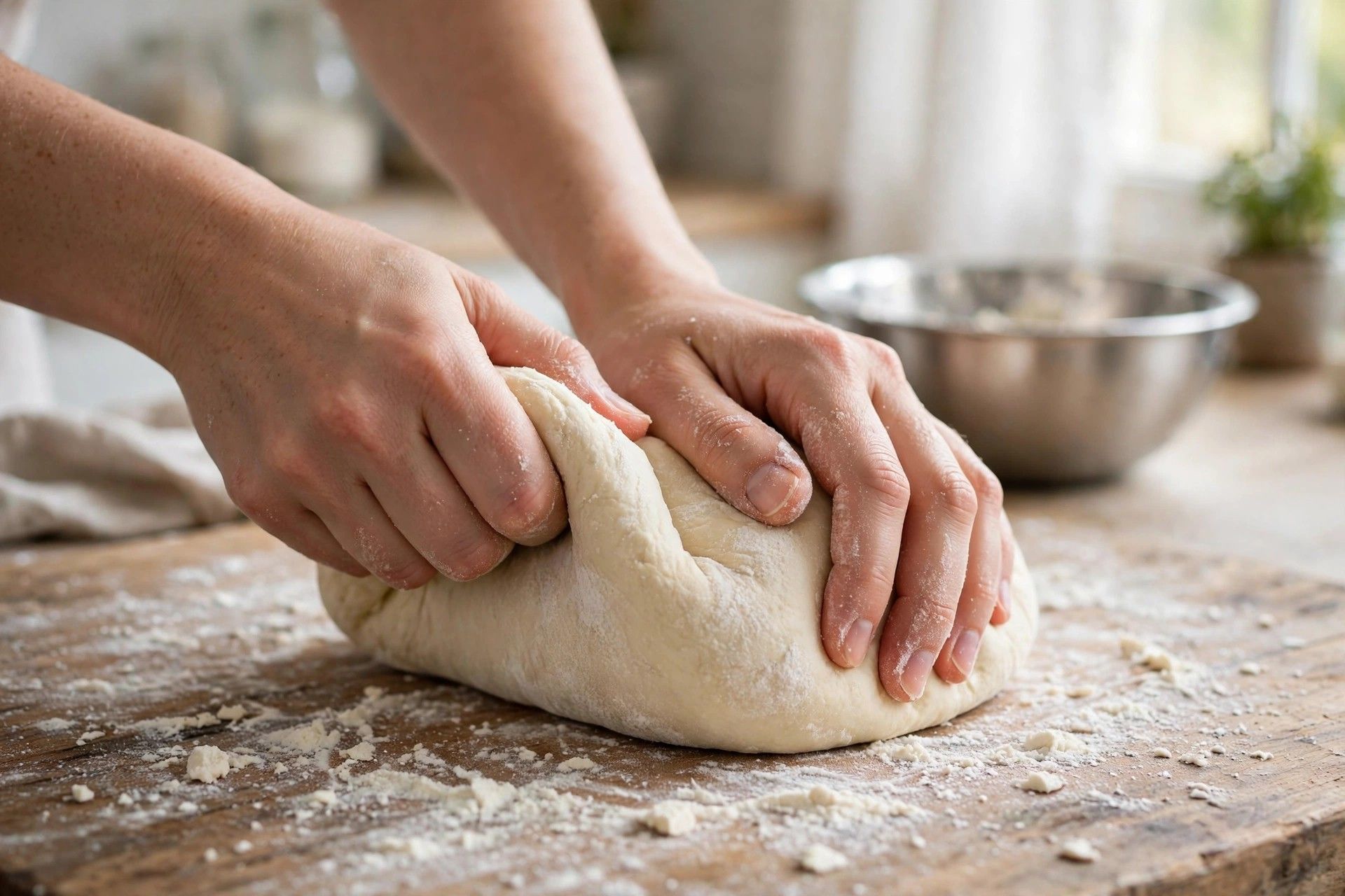 Kneading the soft cottage cheese flatbread dough by hand on a floured wooden board