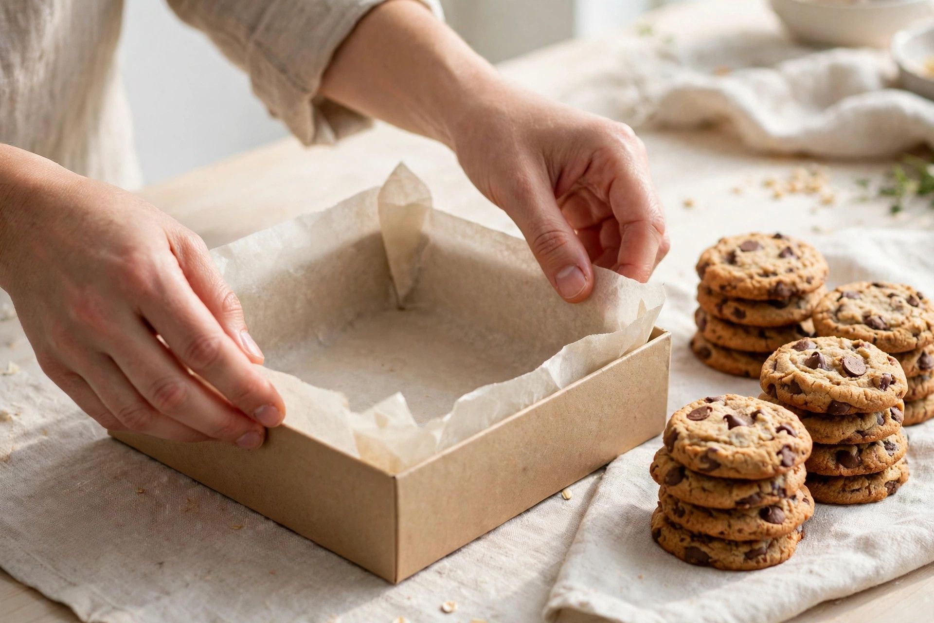 Lining a square gift box with parchment paper, with piles of sorted baked cookies beside it