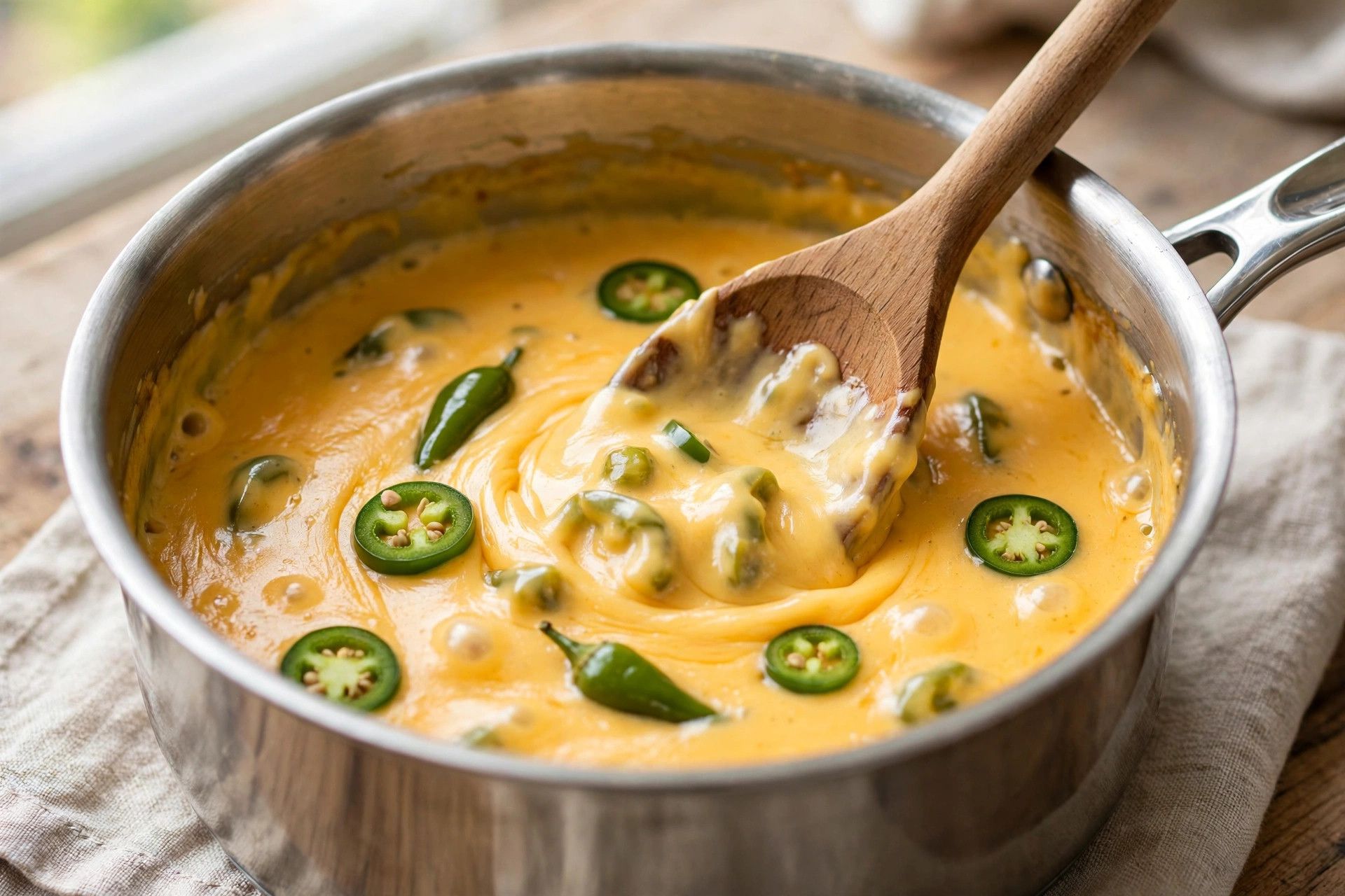 Stirring the warm queso dip in a saucepan as it melts into a glossy golden dip with green chillies