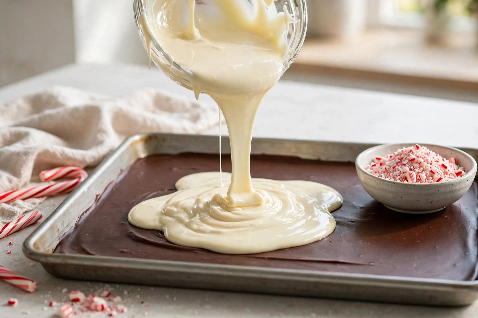 Pouring melted white chocolate over the chilled dark chocolate layer, with crushed candy canes nearby in a small bowl