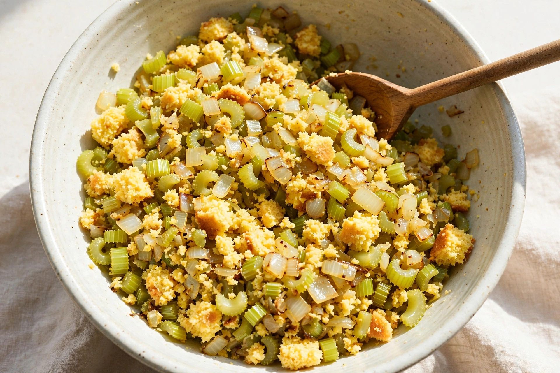 Mixing crumbled cornbread with sauteed vegetables and broth in a large bowl