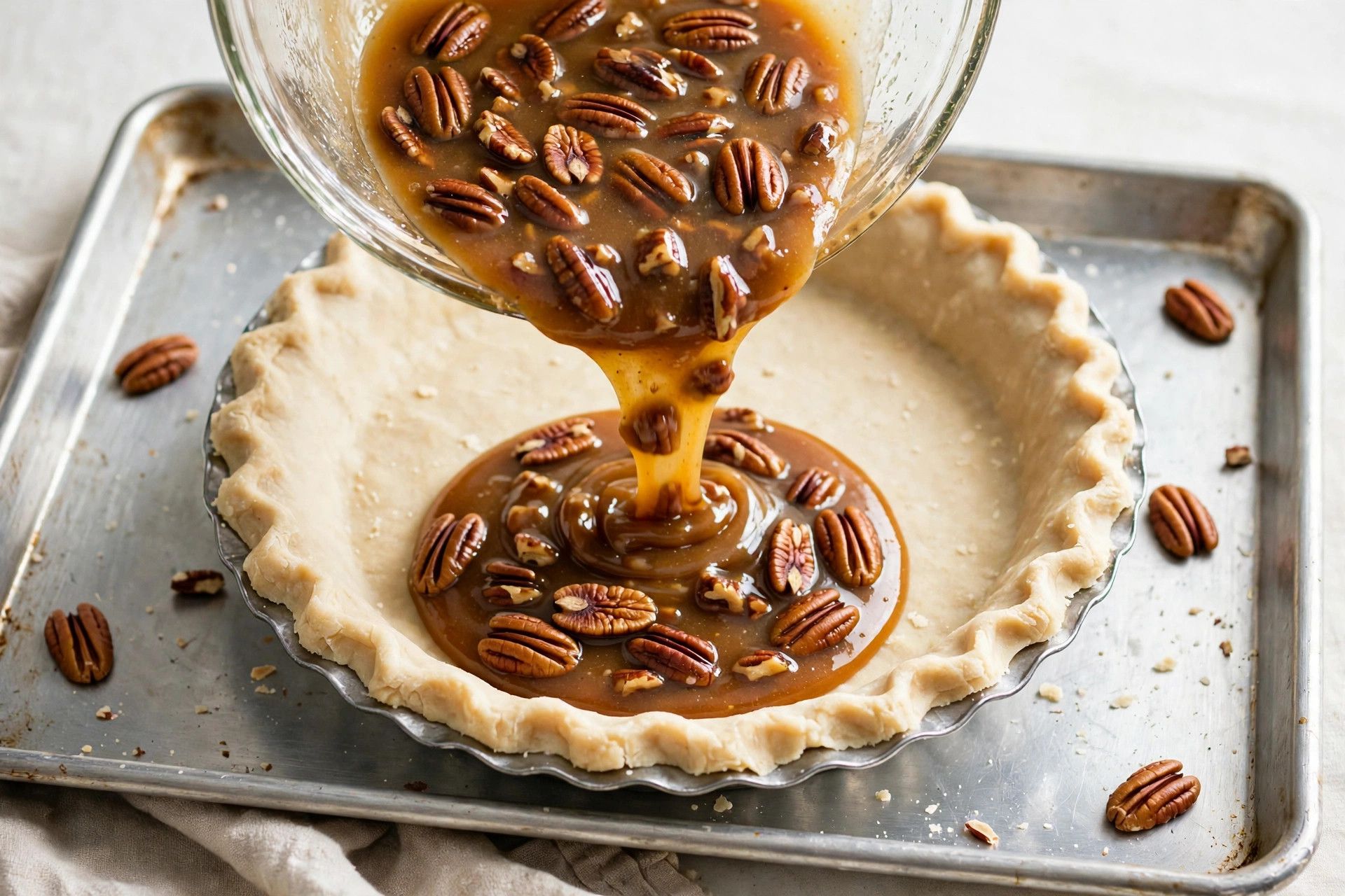 Pouring the glossy pecan custard filling into the chilled flaky pie crust on a baking sheet
