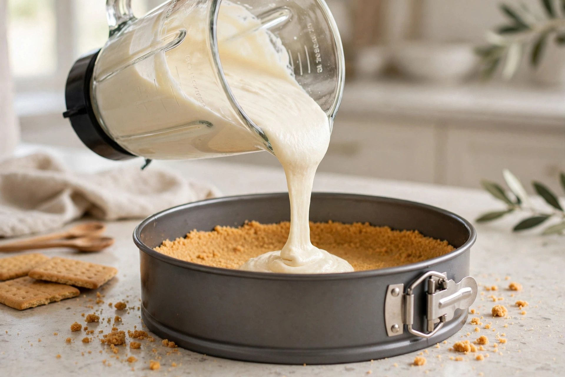 Pouring the smooth cottage cheese filling over the chilled graham cracker crust in the springform pan